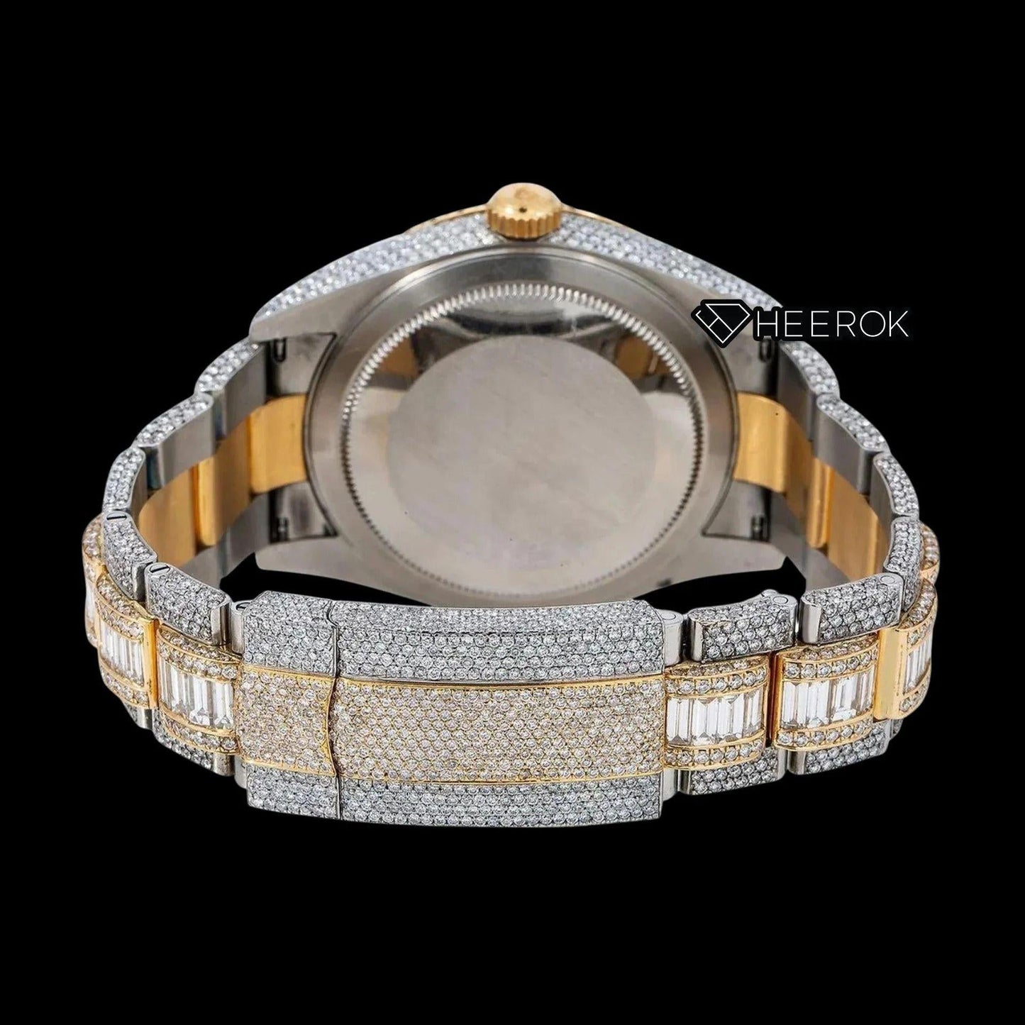 Rolex Sky-Dweller Black Dial White Stick Markers Diamond Bezel Two Tone Yellow Gold Fully Iced Moissanite Diamond Baguette Oyster Bracelet