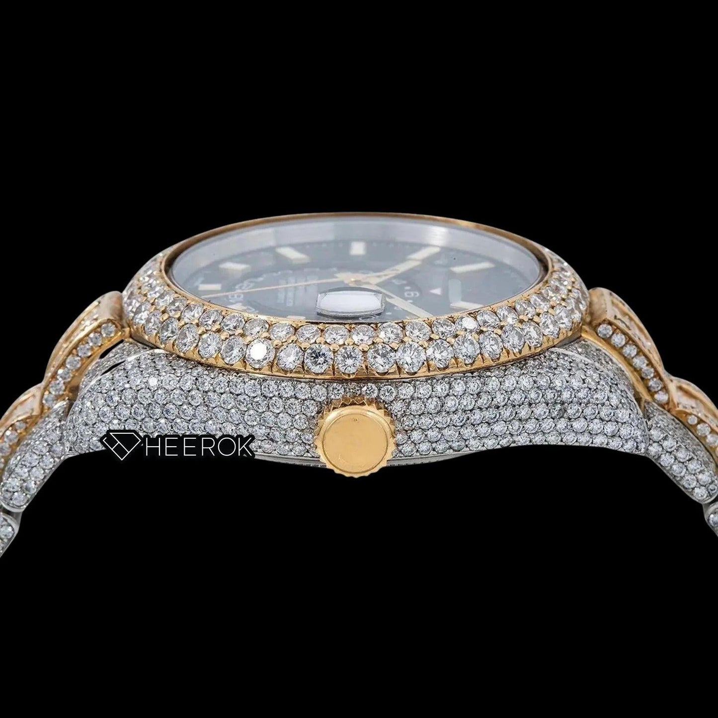 Rolex Sky-Dweller Black Dial White Stick Markers Diamond Bezel Two Tone Yellow Gold Fully Iced Moissanite Diamond Baguette Oyster Bracelet