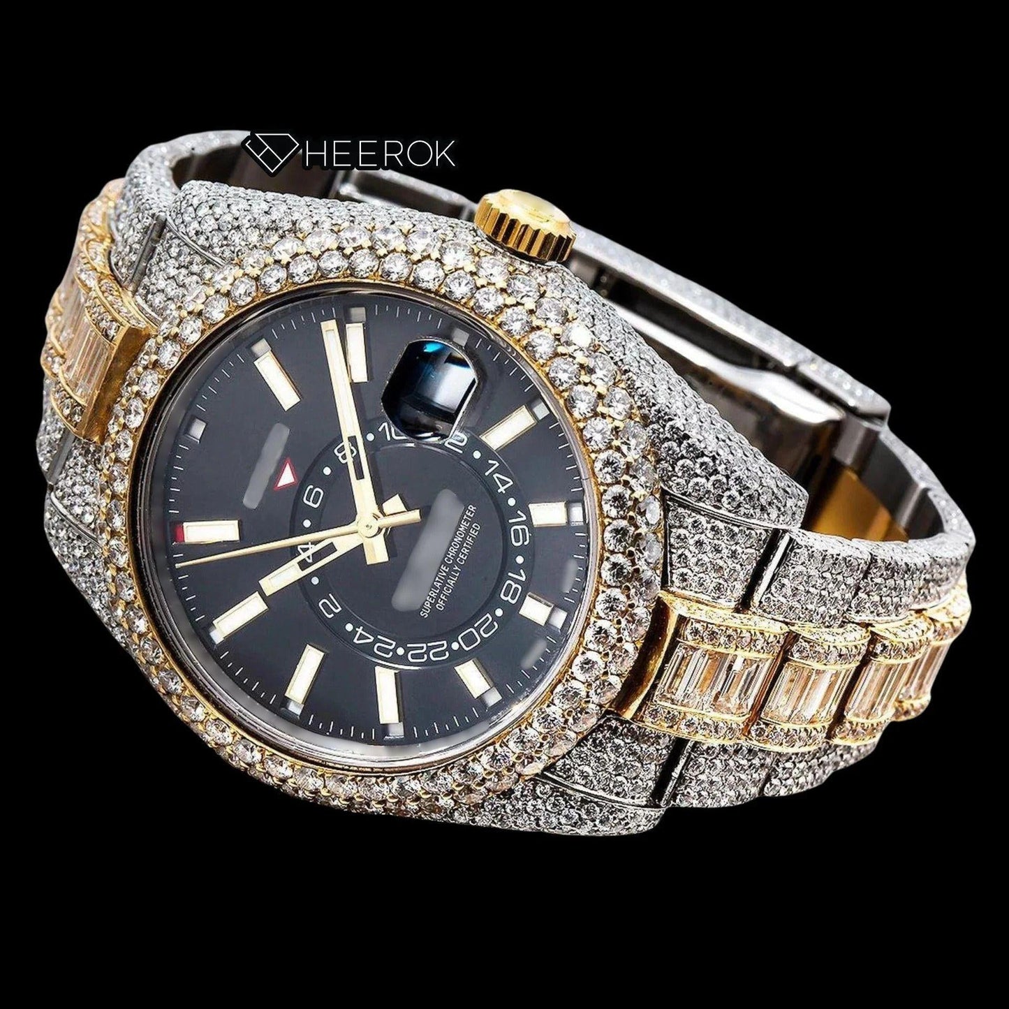 Rolex Sky-Dweller Black Dial White Stick Markers Diamond Bezel Two Tone Yellow Gold Fully Iced Moissanite Diamond Baguette Oyster Bracelet