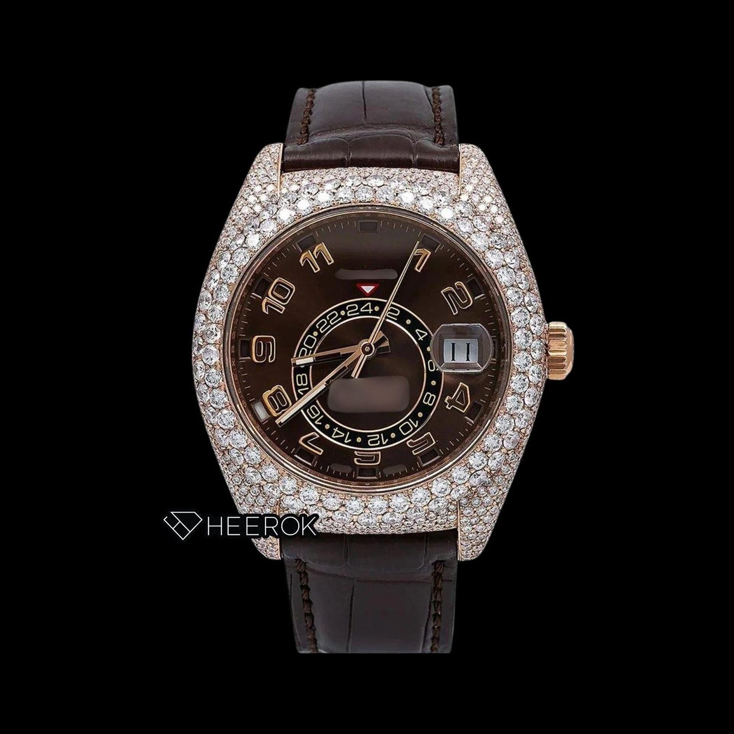 Rolex Sky-Dweller Brown Dial Standard Numerals Diamond Bezel Moissanite Diamond Brown Leather Strap Watch