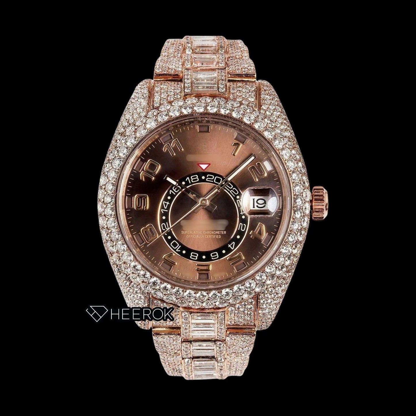 Rolex Sky-Dweller Brown Dial Standard Numerals Diamond Bezel Rose Gold Baguette Moissanite Diamond Oyster Bracelet Watch