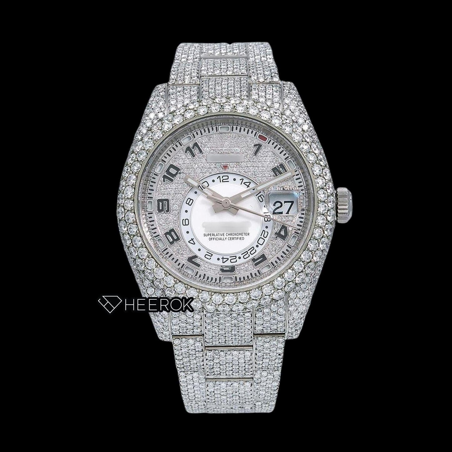 Rolex Sky-Dweller Diamond Paved Dial Standard Numerals Diamond Bezel Fully Iced Out Moissanite Diamond Oyster Bracelet Watch