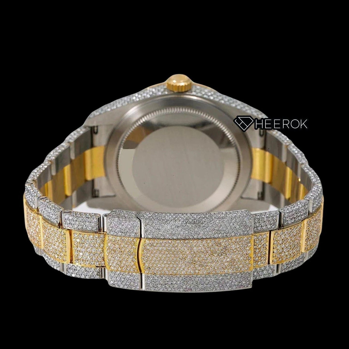 Rolex Sky-Dweller Diamond Paved Yellow Gold Dial Red Roman Numerals Fluted Bezel Two Tone Yellow Gold Fully Iced Moissanite Diamond Oyster Bracelet