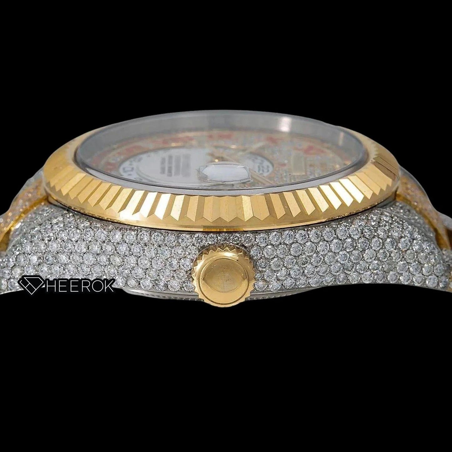 Rolex Sky-Dweller Diamond Paved Yellow Gold Dial Red Roman Numerals Fluted Bezel Two Tone Yellow Gold Fully Iced Moissanite Diamond Oyster Bracelet