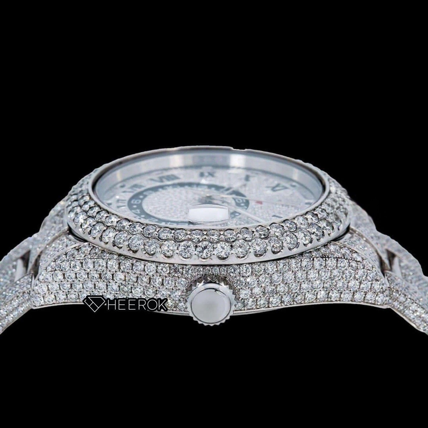 Rolex Sky-Dweller Full Pave Dial Black Roman Numerals Diamond Bezel Fully Iced Moissanite Diamond Oyster Bracelet