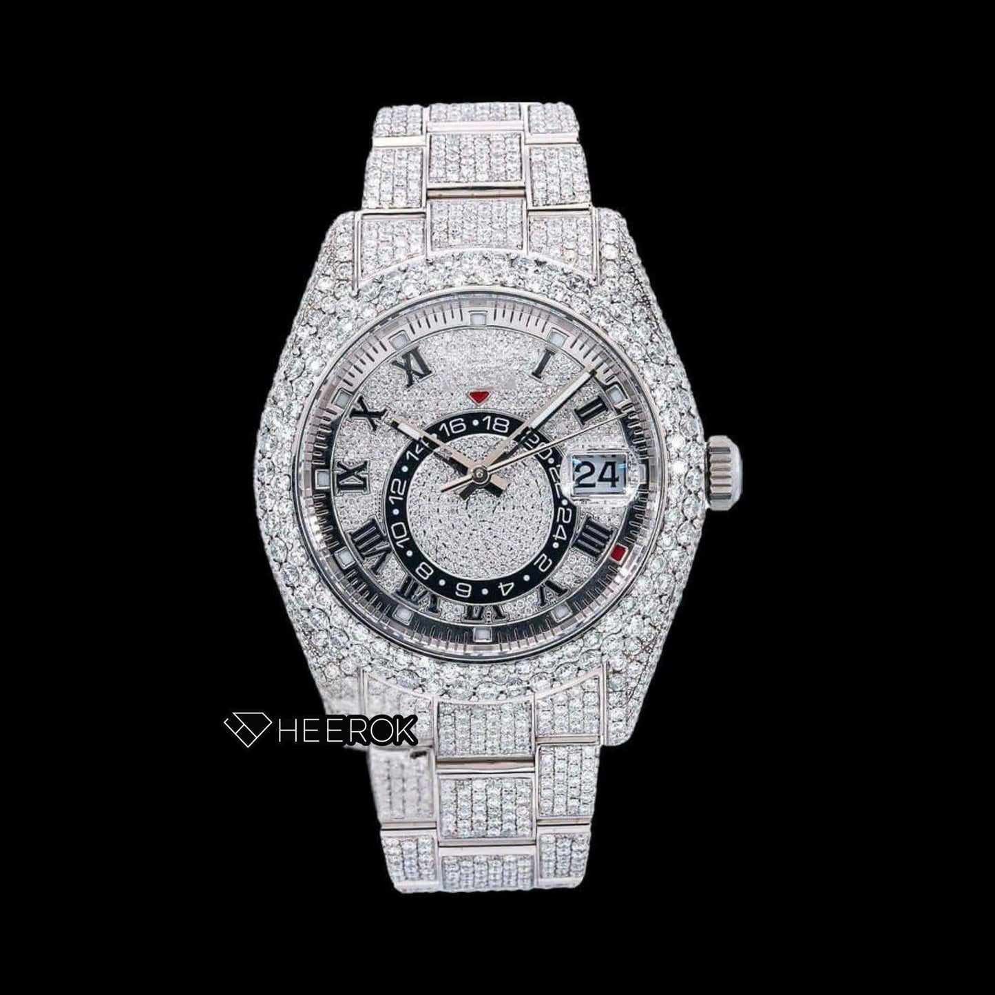 Rolex Sky-Dweller Full Pave Dial Black Roman Numerals Diamond Bezel Fully Iced Moissanite Diamond Oyster Bracelet