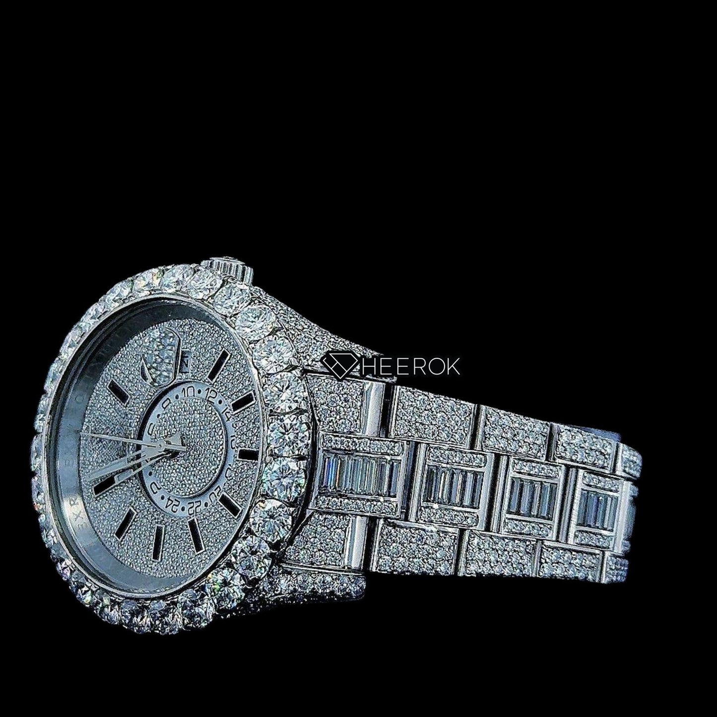 Rolex Sky-Dweller Full Pave Dial Black Stick Markers Diamond Bezel Fully Iced Moissanite Diamond Oyster Bracelet