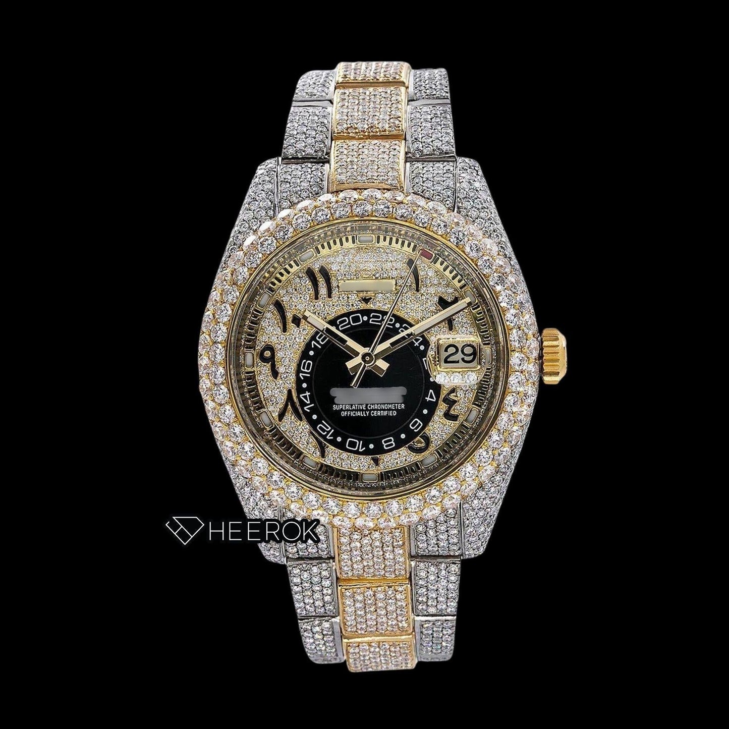 Rolex Sky-Dweller Full Paved Yellow Dial Arabic Numerals Diamond Bezel Two Tone Yellow Gold Bust Down Moissanite Diamond Oyster Bracelet Watch