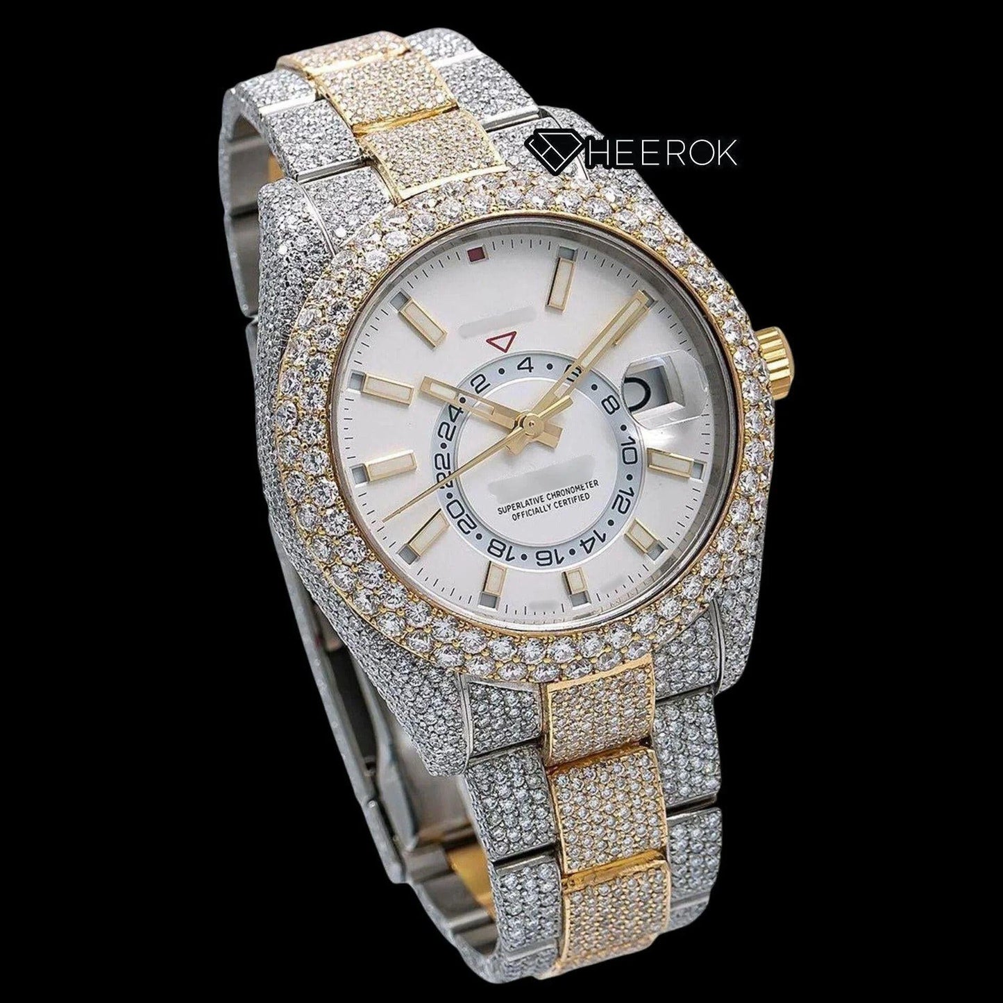 Rolex Sky-Dweller White Dial White Stick Markers Diamond Bezel Two Tone Yellow Gold Fully Iced Moissanite Diamond Oyster Bracelet