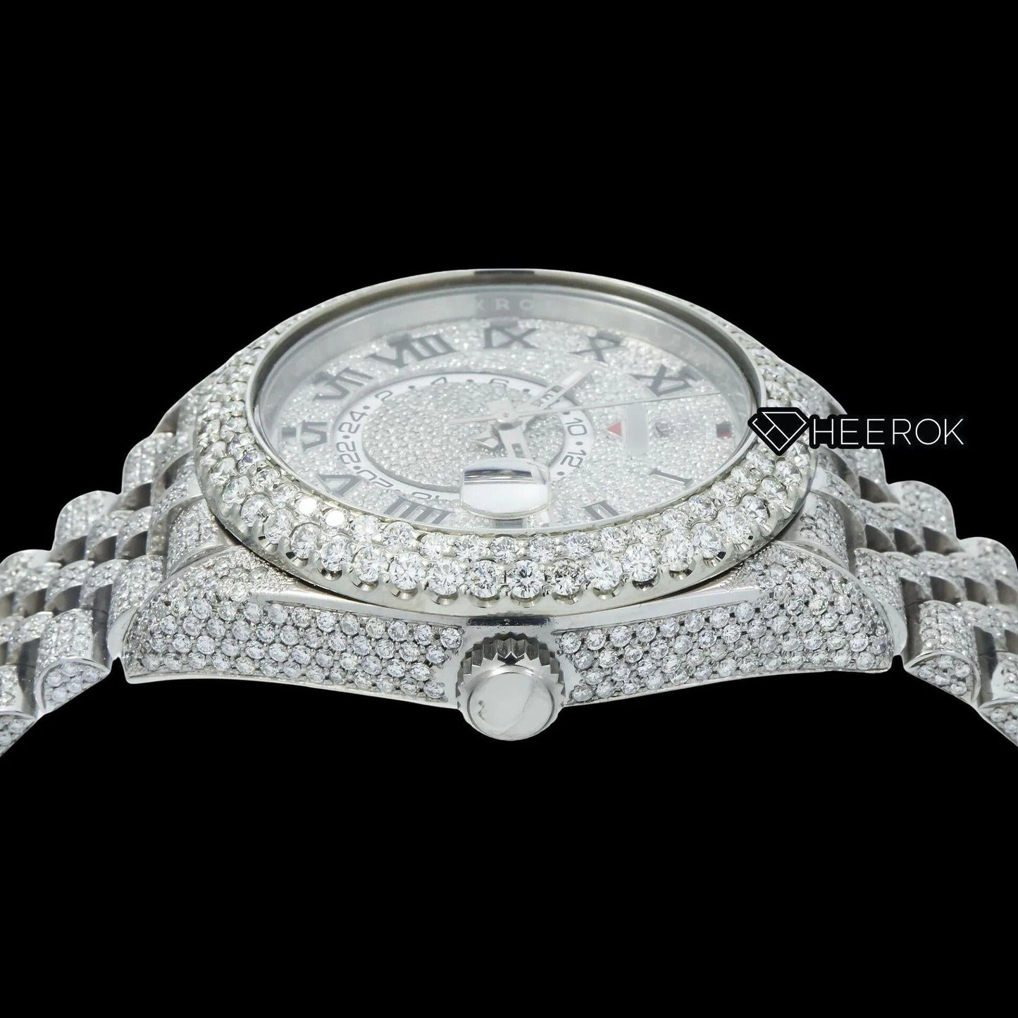 Rolex Sky-Dweller White Paved Dial Roman Numerals Diamond Bezel Bust Down Moissanite Diamond Jubilee Bracelet Watch