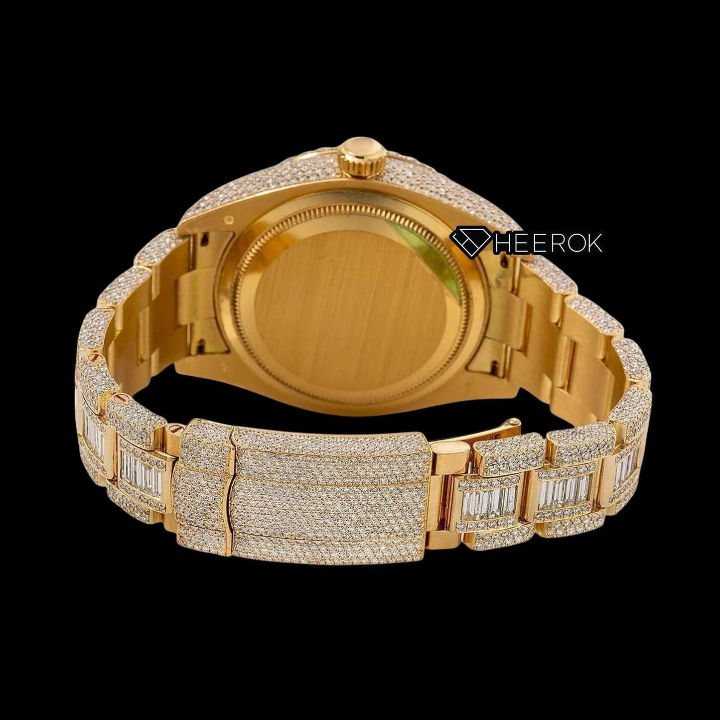 Rolex Sky-Dweller Yellow Dial Standard Numerals Diamond Bezel Yellow Gold Fully Iced Baguette Moissanite Diamond Oyster Bracelet Watch