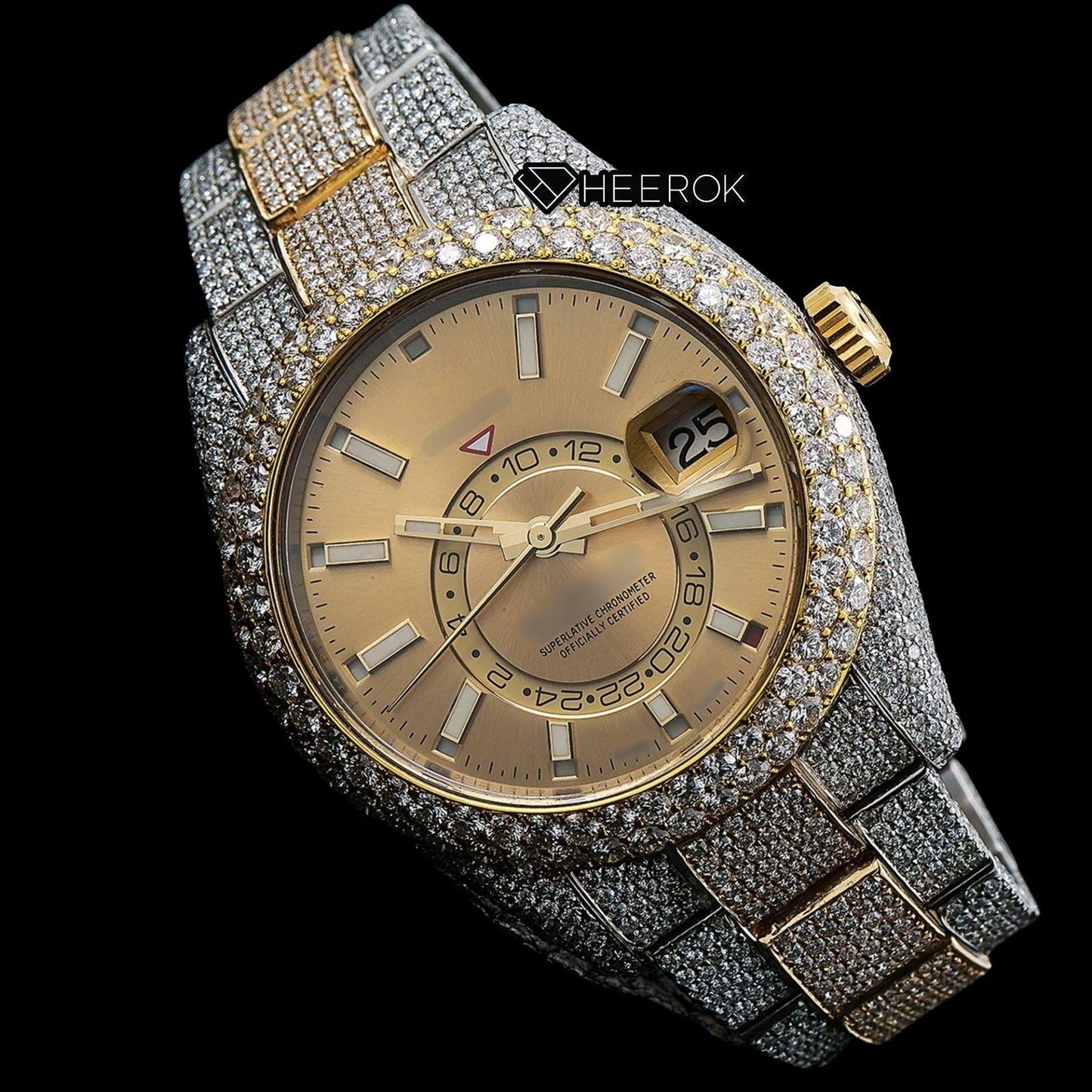 Rolex Sky-Dweller Yellow Dial Stick Markers Diamond Bezel Two Tone Yellow Gold Fully Iced Moissanite Diamond Oyster Bracelet Watch