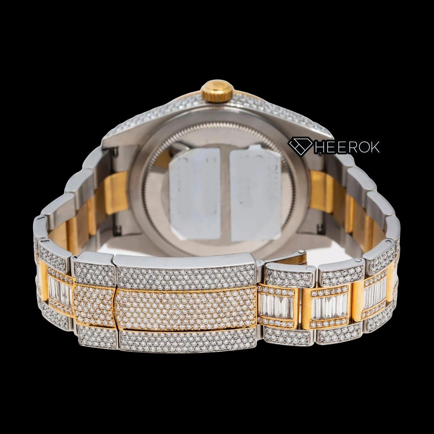 Rolex Sky-Dweller Yellow Dial White Stick Markers Fluted Bezel Two Tone Yellow Gold Baguette Moissanite Diamond Oyster Bracelet Watch