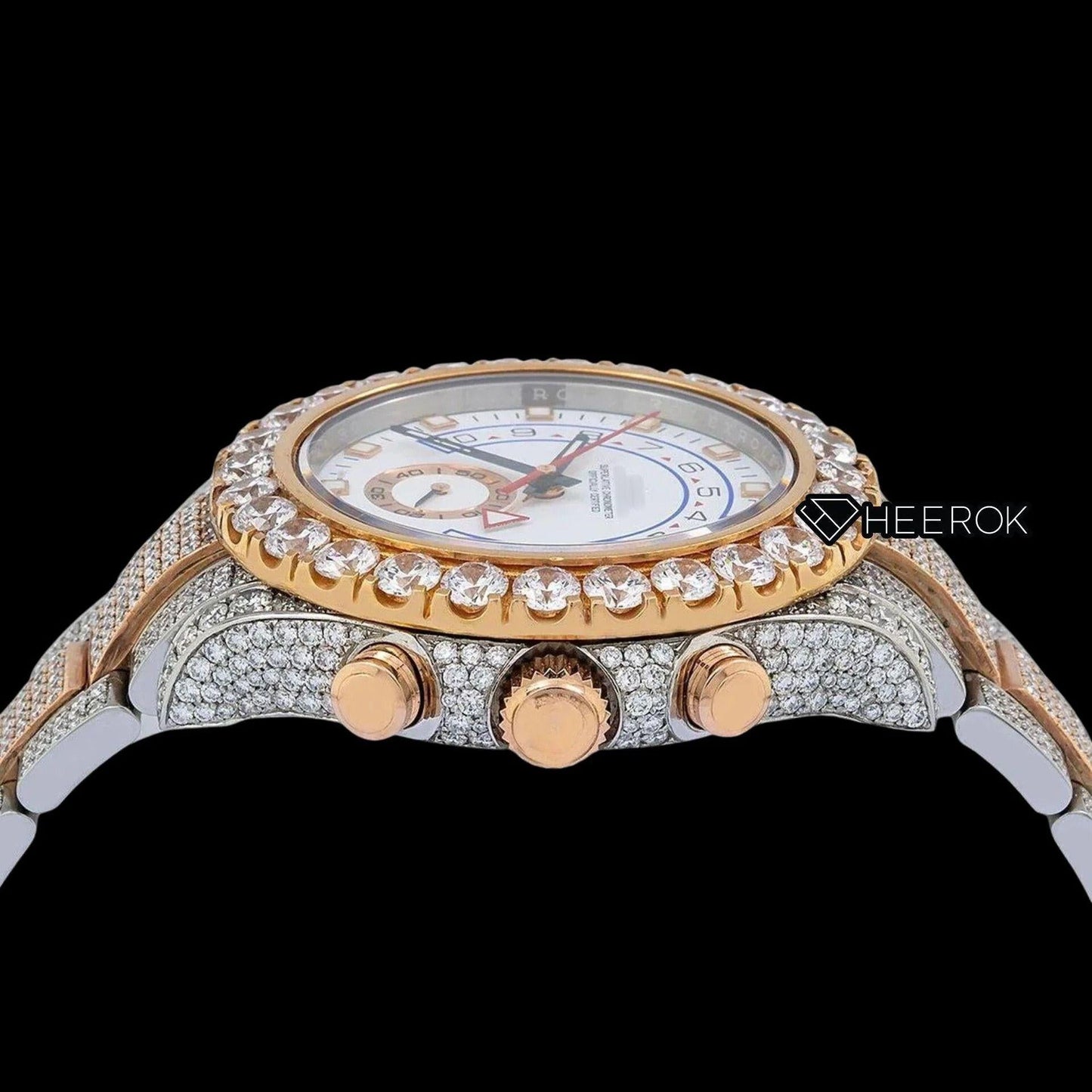 Rolex Yacht-Master White Dial Square Shape Markers Large Round Diamond Bezel Two Tone Rose Gold Moissanite Diamond Oyster Bracelet Watch