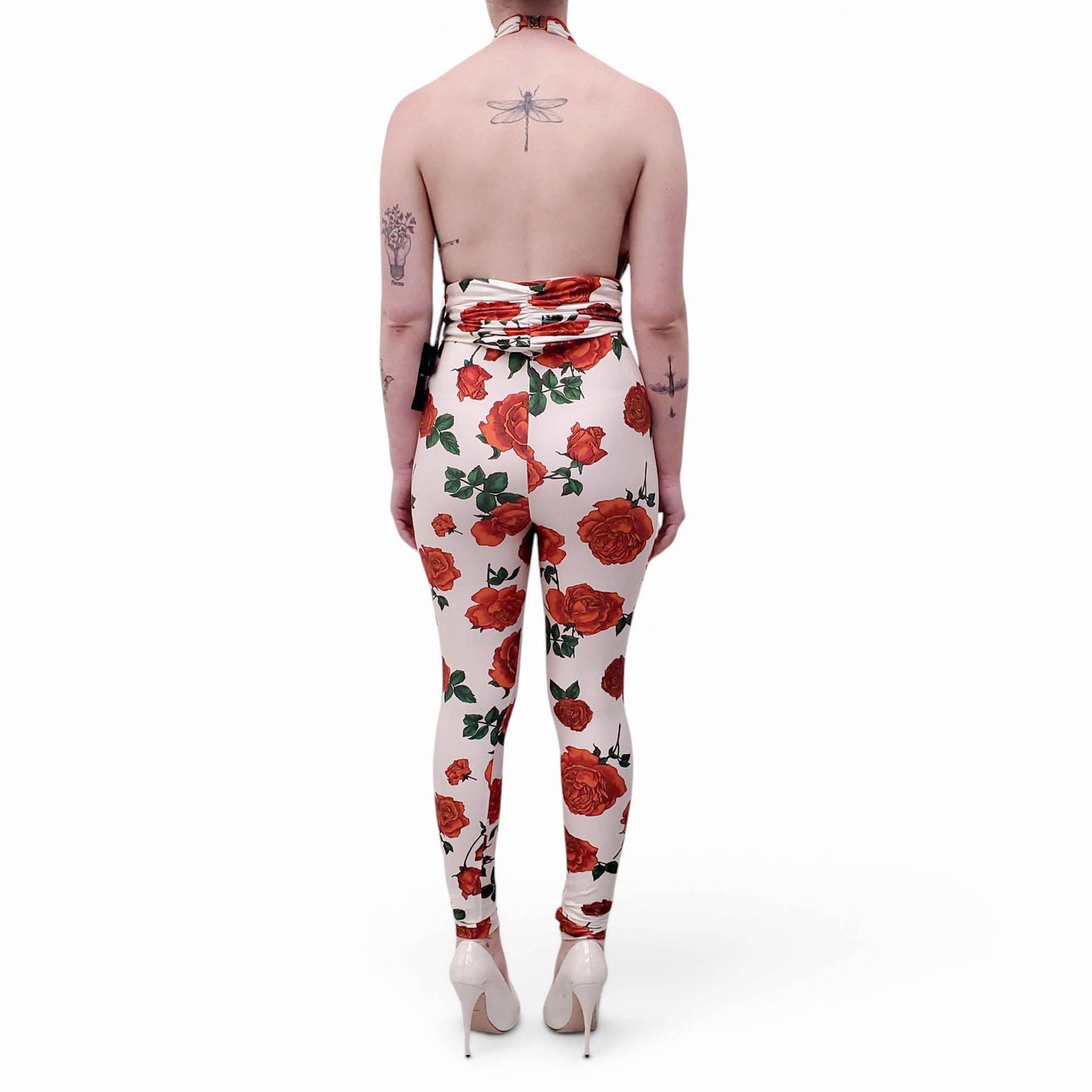 SAINT LAURENT CREAM ROSE PRINT HALTER JUMPSUIT - SIZE 1 (S)