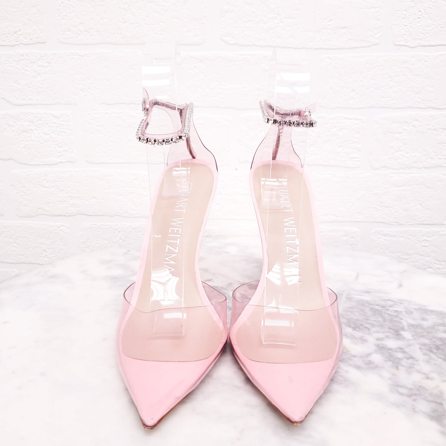 STUART WEITZMAN PINK PVC CRYSTAL 'GLAM 100' HEELS - SIZE 6.5B