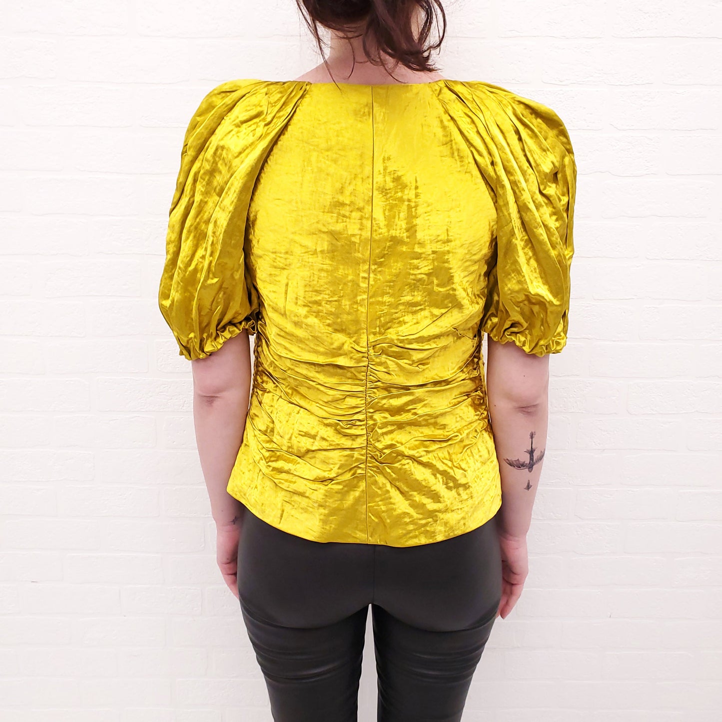 ULLA JOHNSON CHARTREUSE CRINKLE BLOUSE - SIZE 6