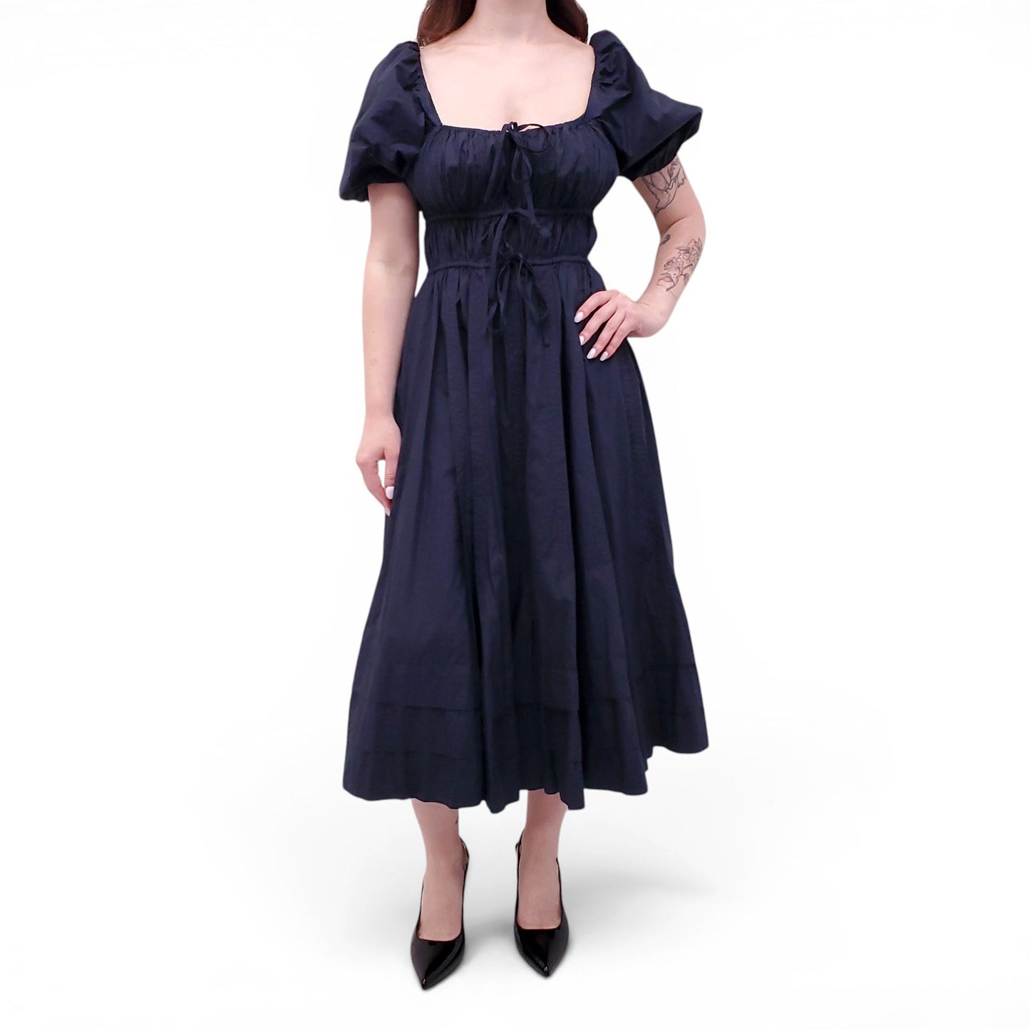 ULLA JOHNSON NAVY COTTON POPLIN 'PALMA' DRESS - SIZE 4