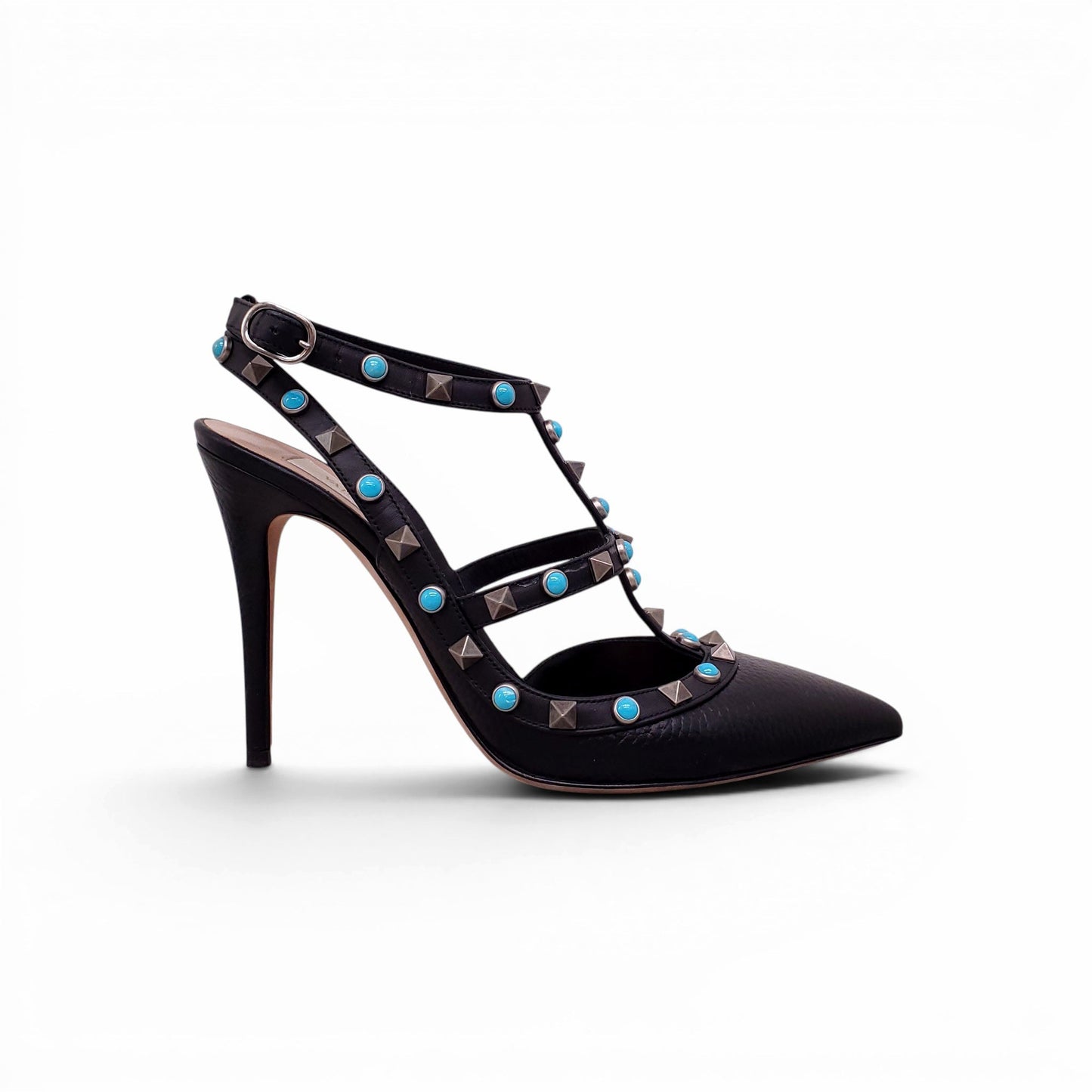 VALENTINO BLACK ROCKSTUD HEELS WITH TURQUOISE DETAIL - SIZE 38