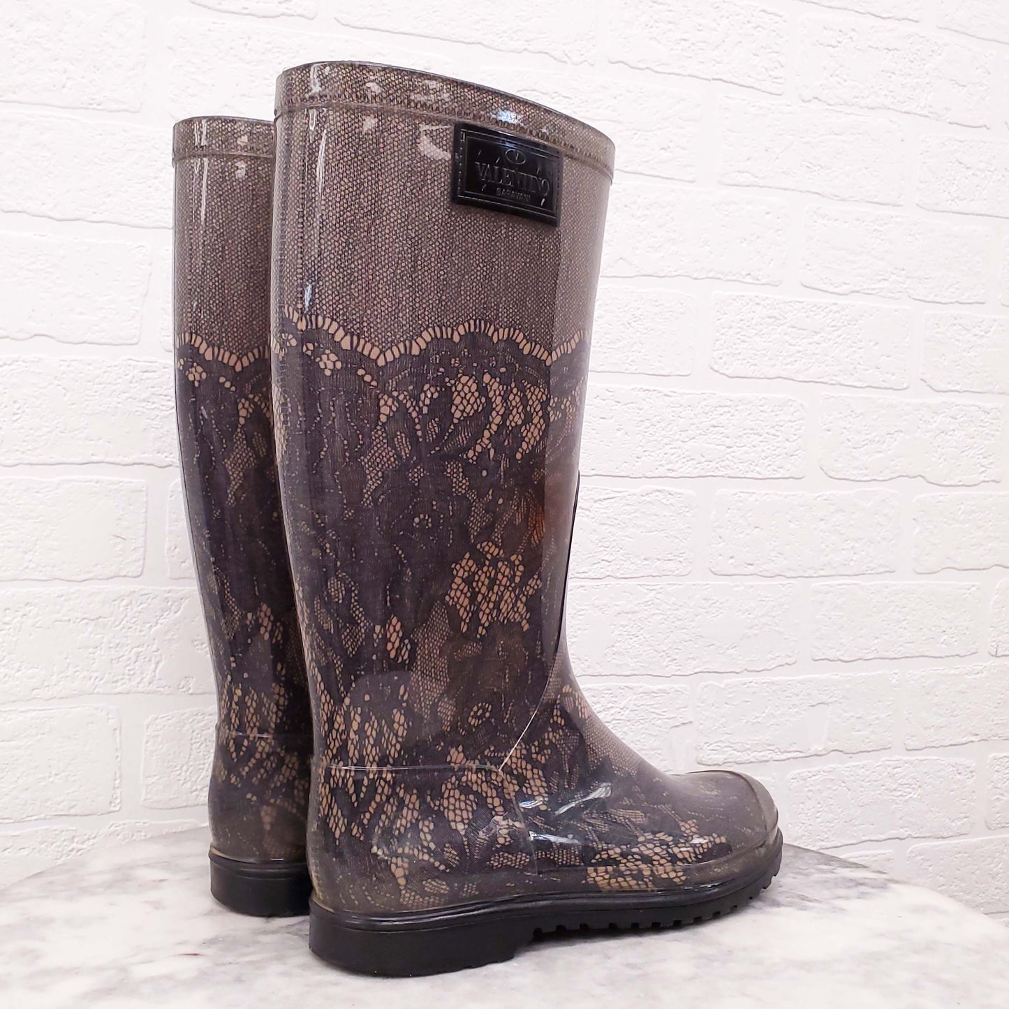 VALENTINO LACE PRINT RUBBER RAIN BOOTS - SIZE 38