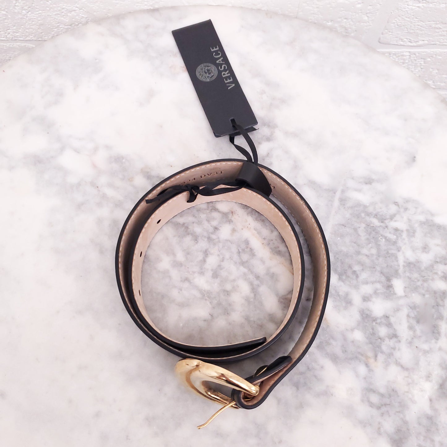 VERSACE BLACK LEATHER BELT WITH GOLD BUCKLE - SIZE 60