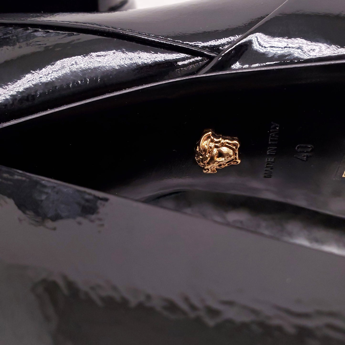 VERSACE BLACK PATENT PLATFORM BOOTS - SIZE 40