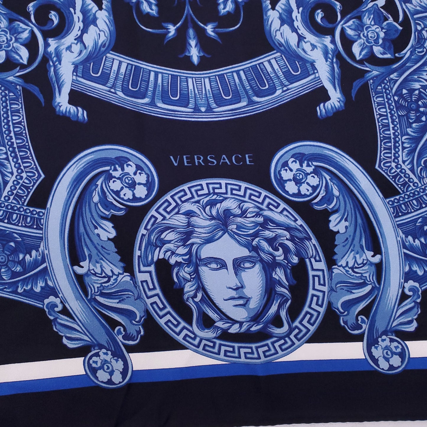 VERSACE NAVY MEDUSA PATTERNED SILK SCARF