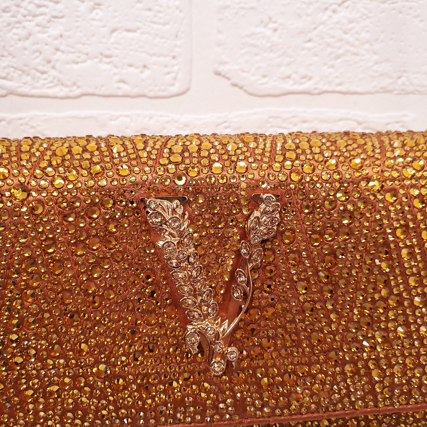 VERSACE ORANGE MINI VIRTUS CRYSTAL PAVÉ EVENING BAG