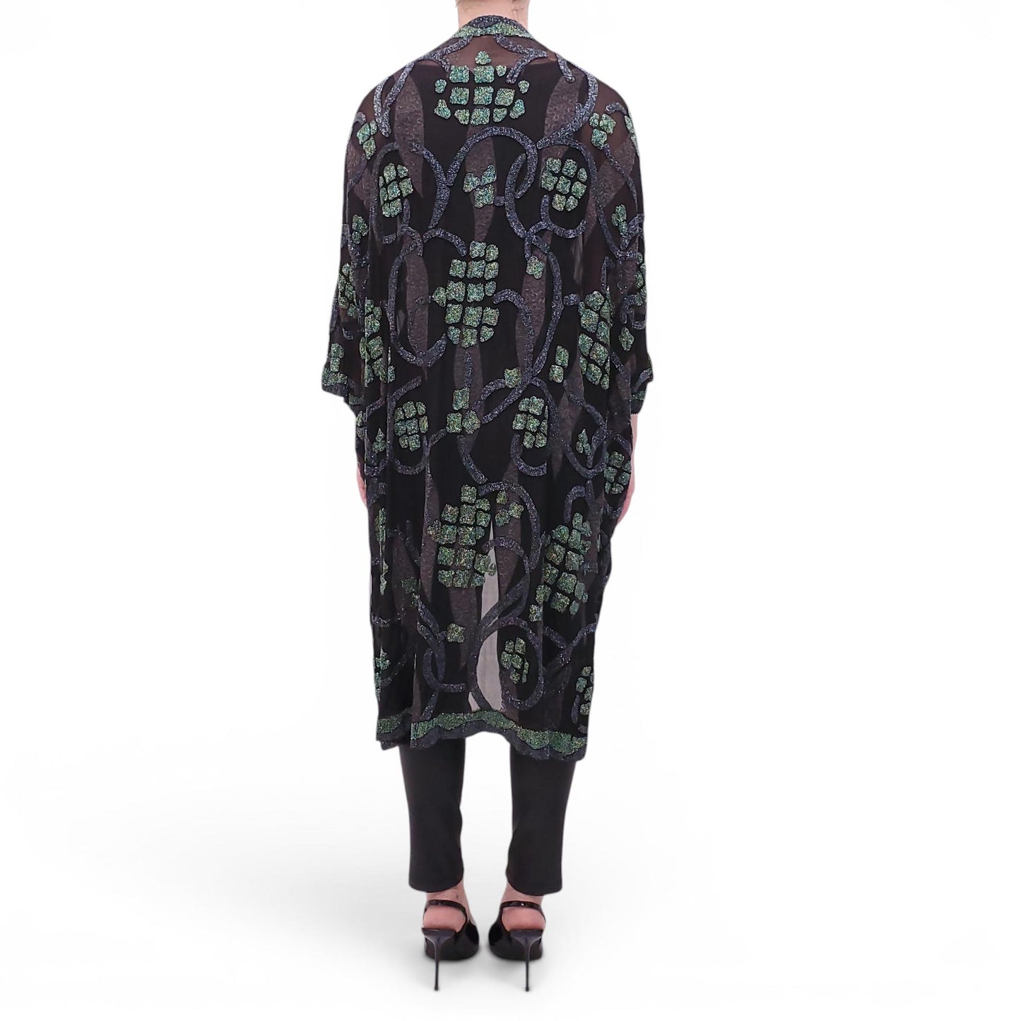 VINTAGE BLACK SHEER CARDIGAN WITH GREEN AND PURPLE BEADING - SIZE L