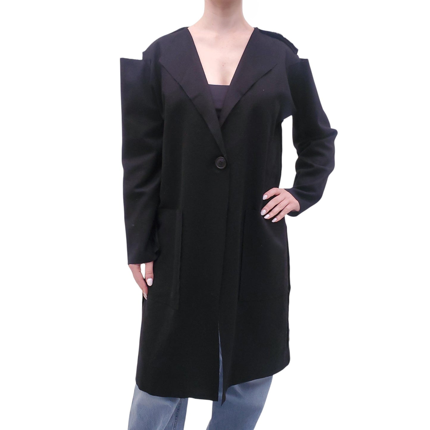 VIVIENNE WESTWOOD BLACK COAT WITH RIPPED SHOULDER DETAIL - SIZE 40