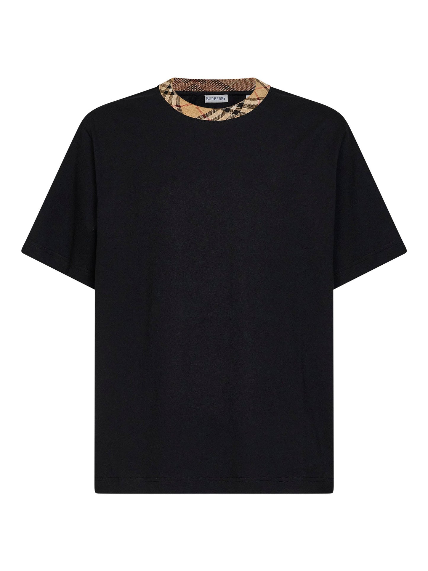 Burberry Men Black Cotton T-Shirt With Check Trim