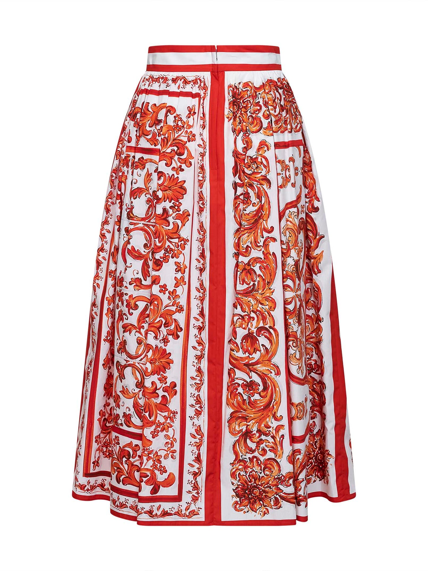 Dolce & Gabbana Women Orange Maiolica-Print Pleated Poplin Midi Skirt