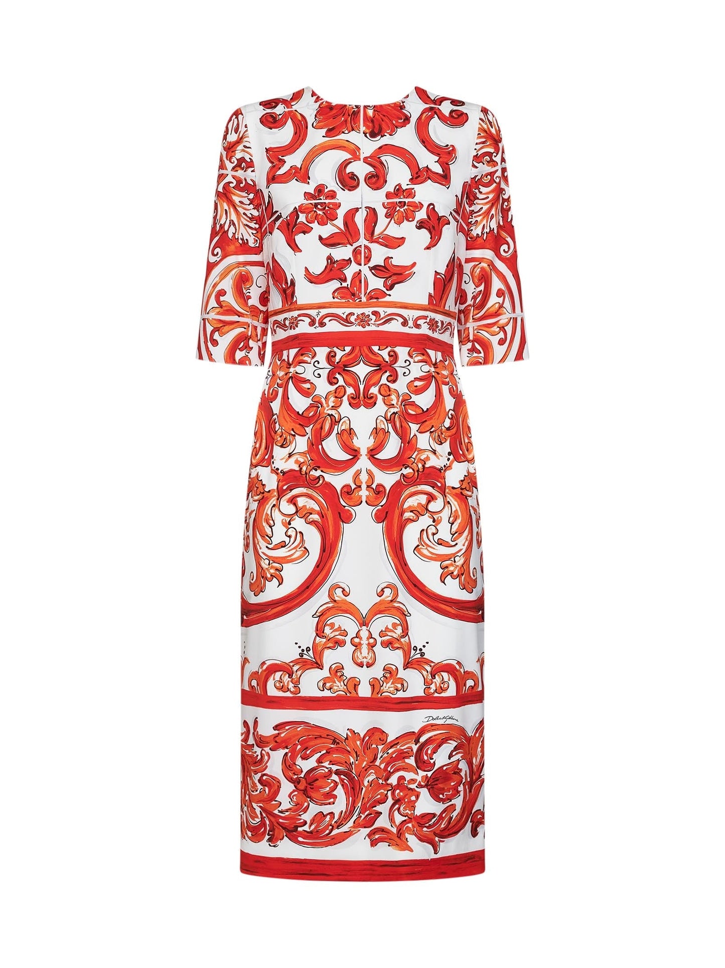 Dolce & Gabbana Women Orange Maiolica-Print Stretch Silk Charmeuse Midi Dress