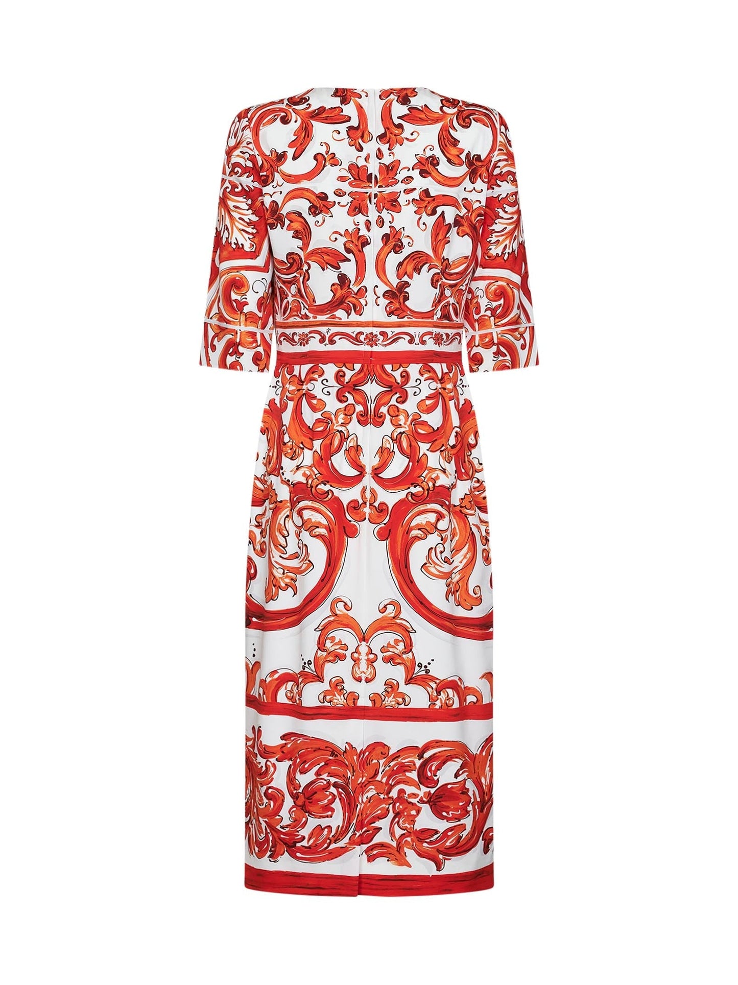 Dolce & Gabbana Women Orange Maiolica-Print Stretch Silk Charmeuse Midi Dress