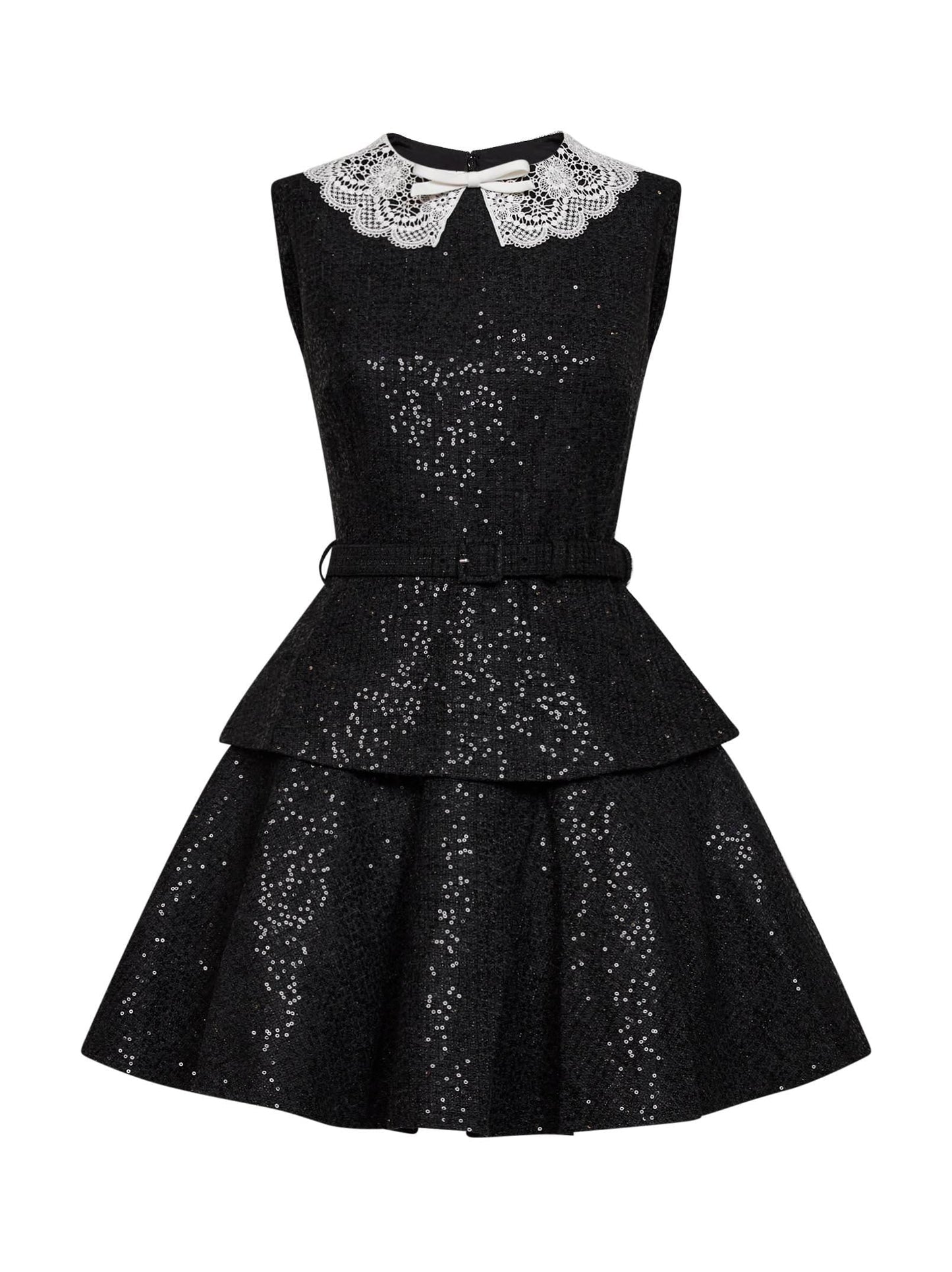 Self Portrait Women Black Sequin Bouclé Belted Peplum Mini Dress