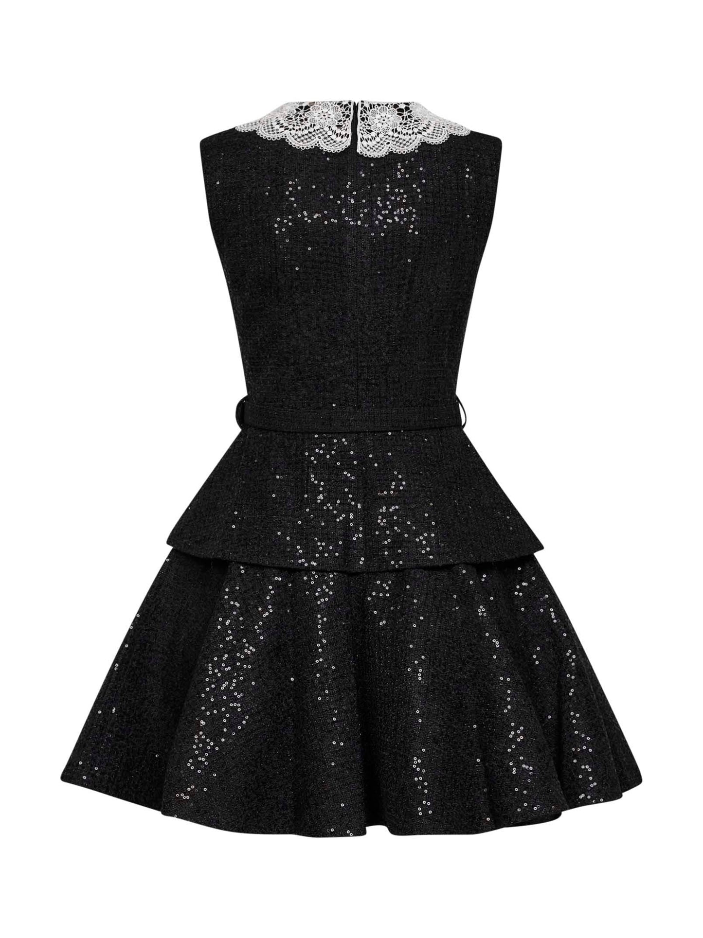 Self Portrait Women Black Sequin Bouclé Belted Peplum Mini Dress