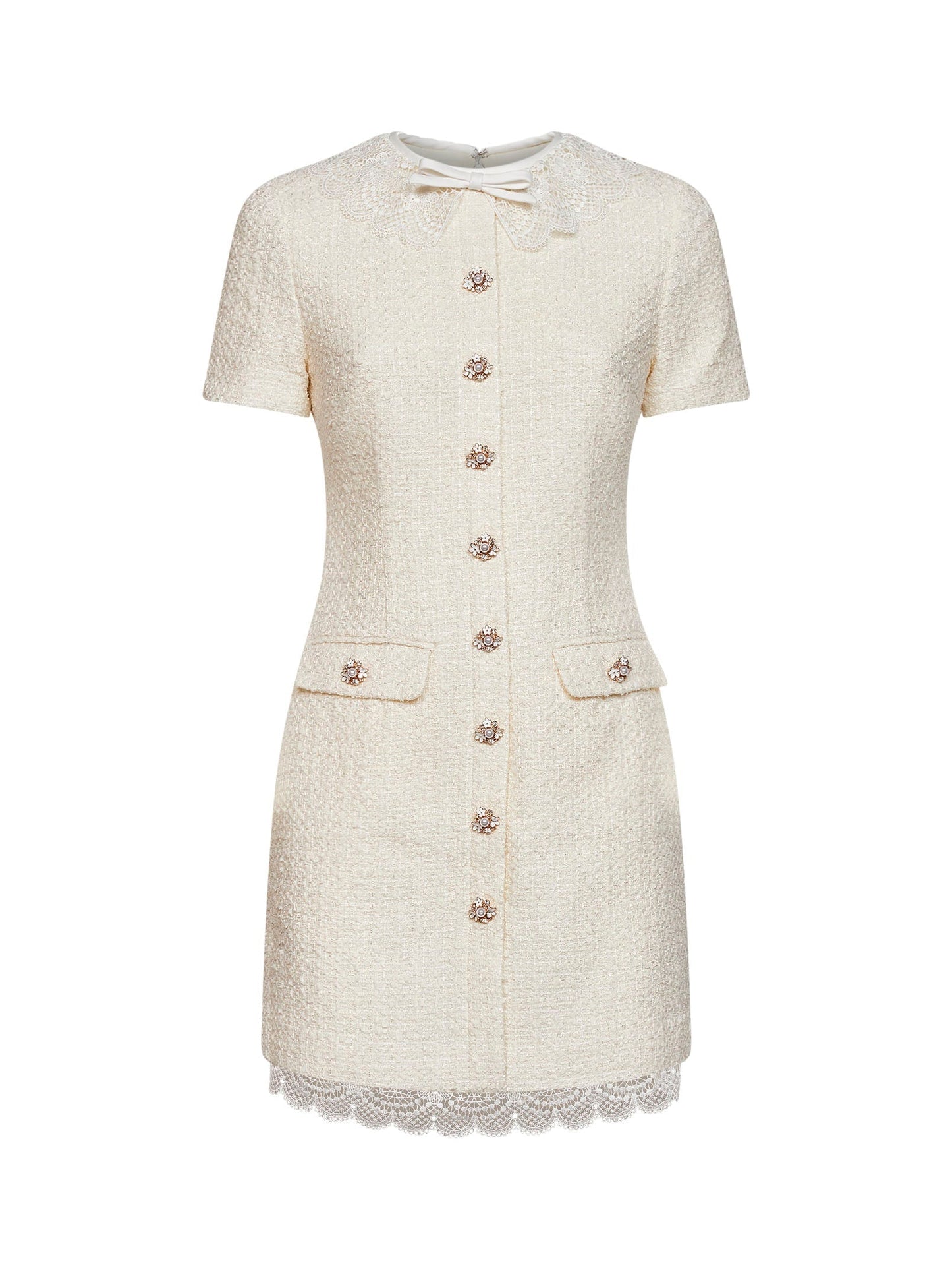Self Portrait Women Cream Bouclé Tailored Minidress With Lace Inserts