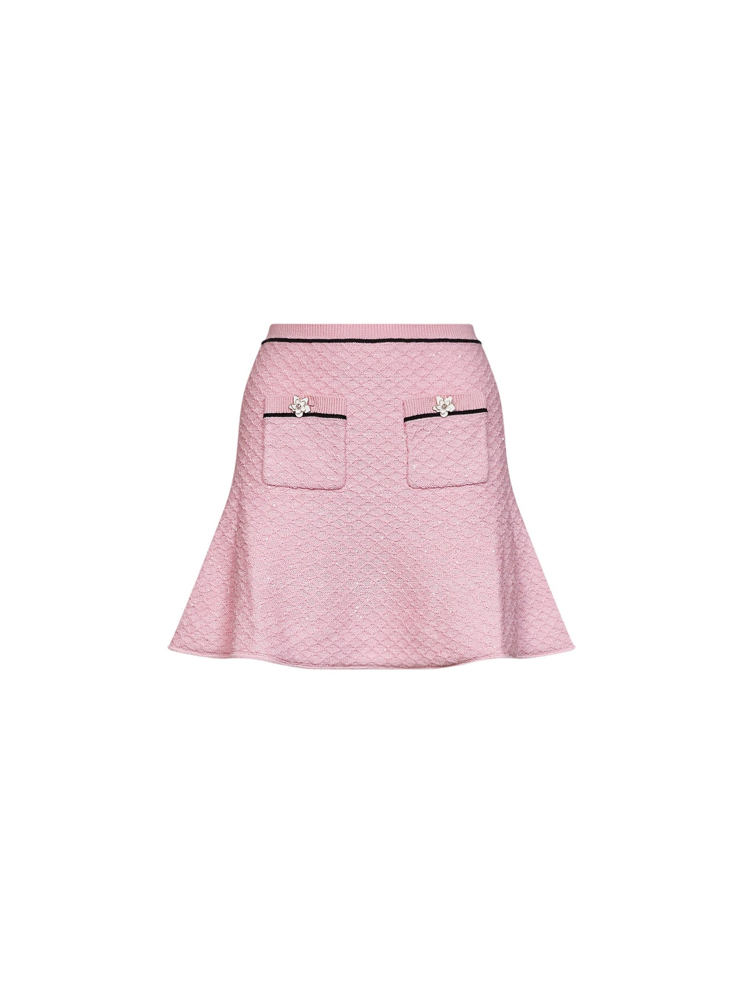 Self Portrait Women Pink Sequin Knit Flared Mini Skirt