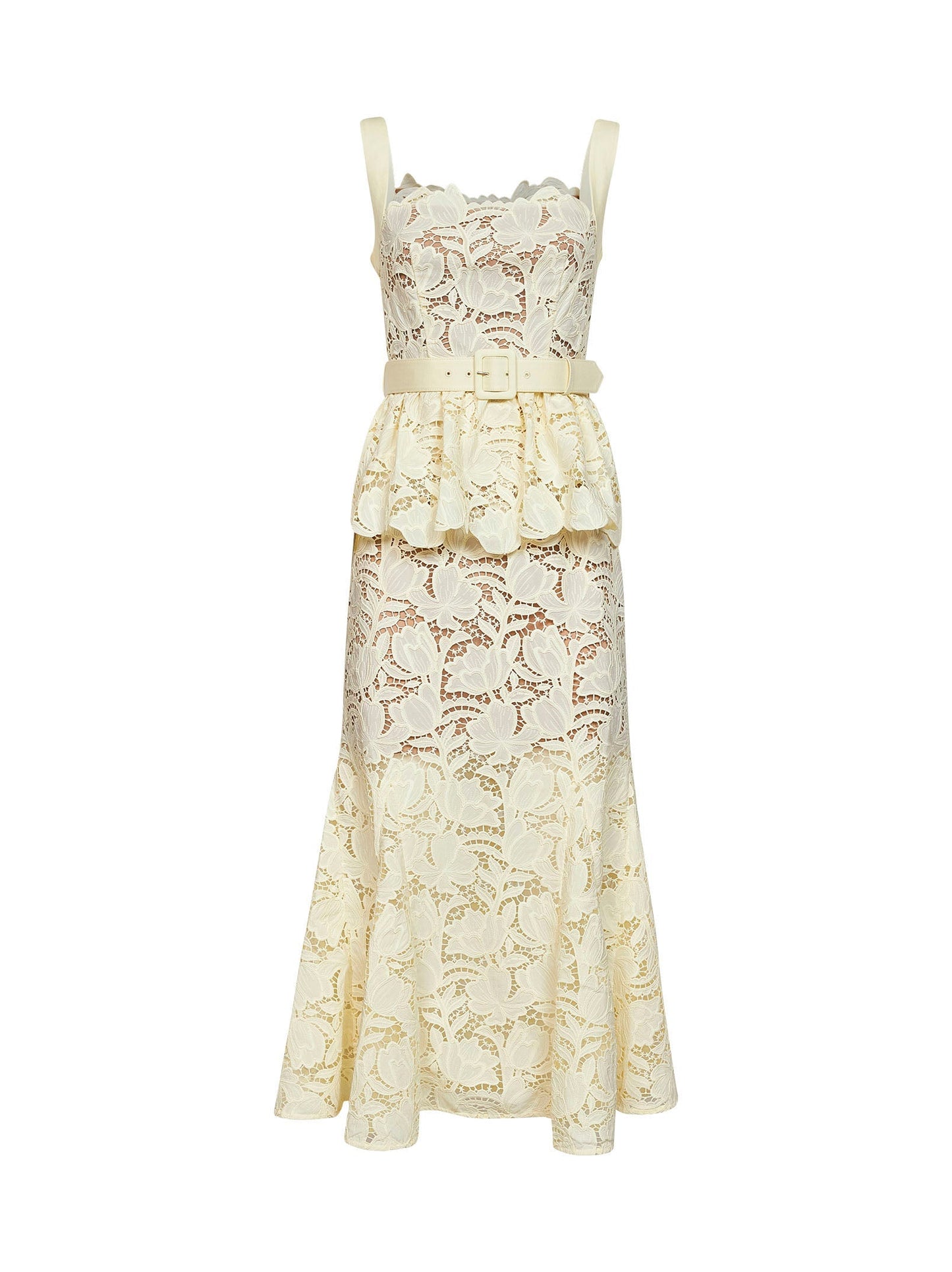 Self Portrait Women Yellow Macramé Lace Belted Peplum Midi Dress
