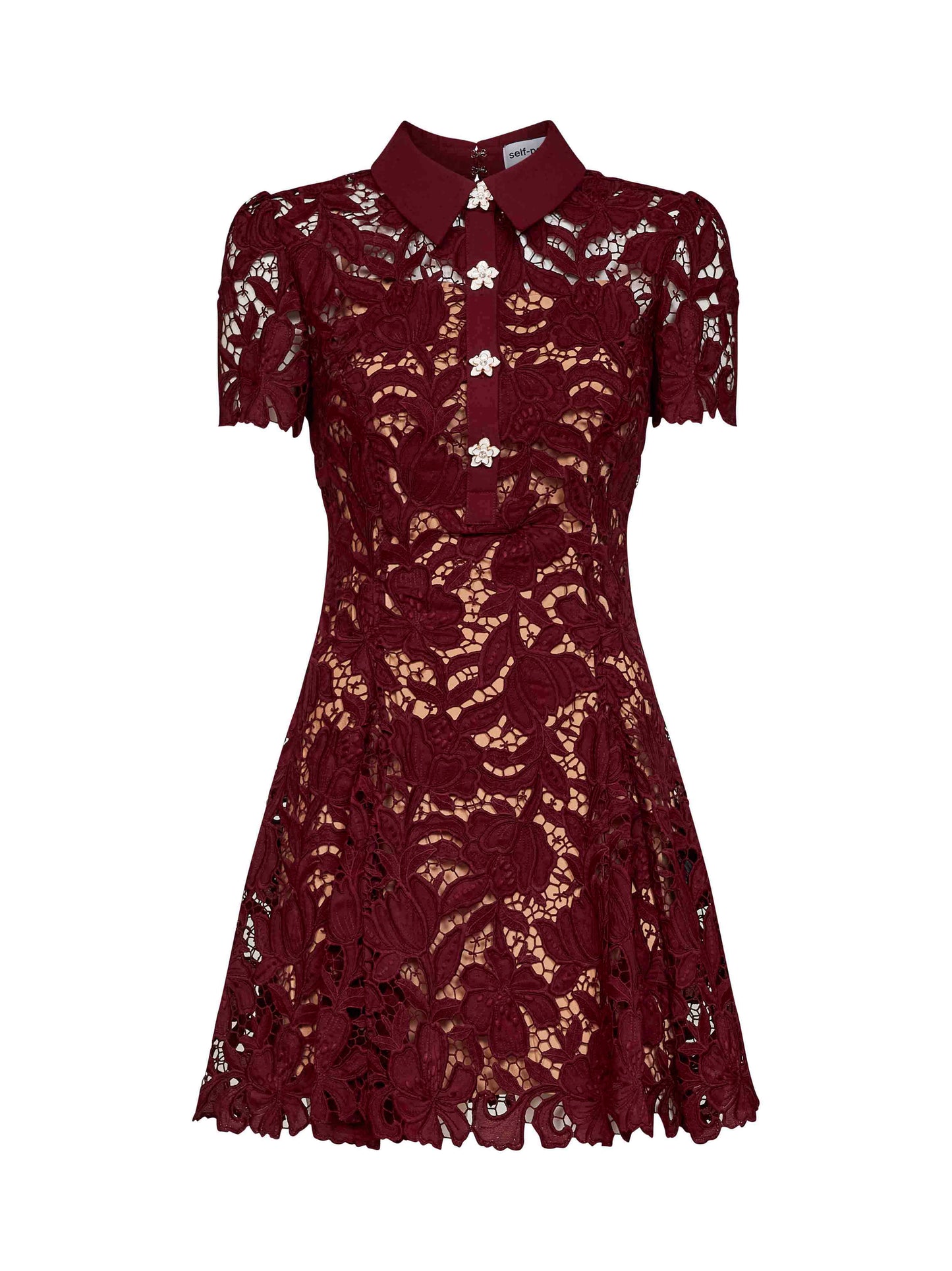 Self Portrait Women Burgundy Macramé Lace Flared Mini Dress