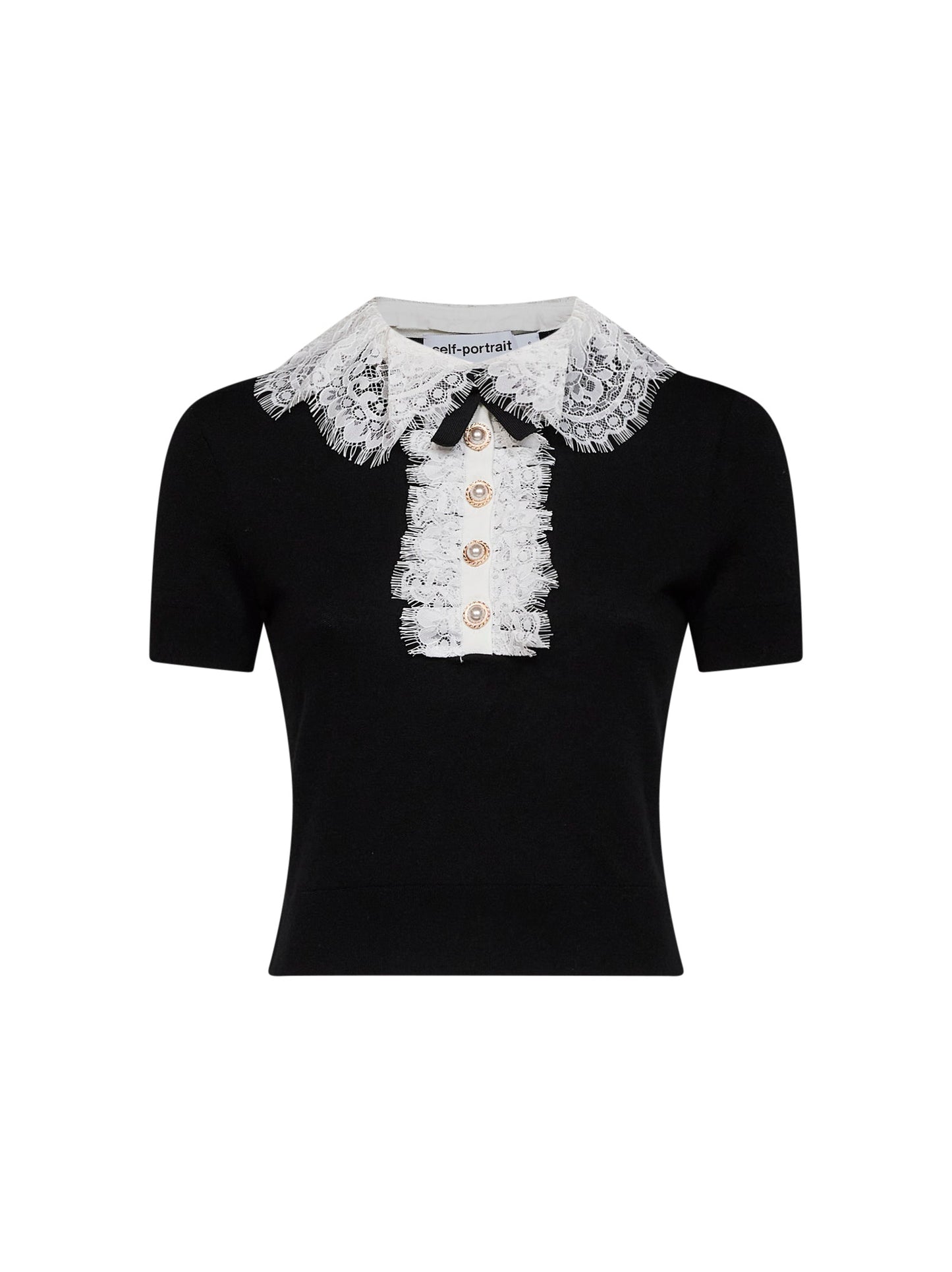 Self Portrait Women Black Wool Knit Top With Lace Collar