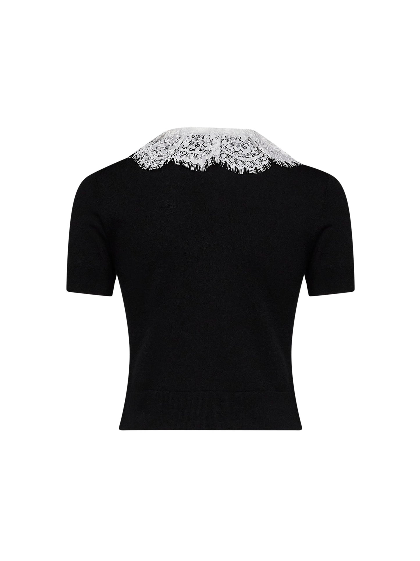 Self Portrait Women Black Wool Knit Top With Lace Collar
