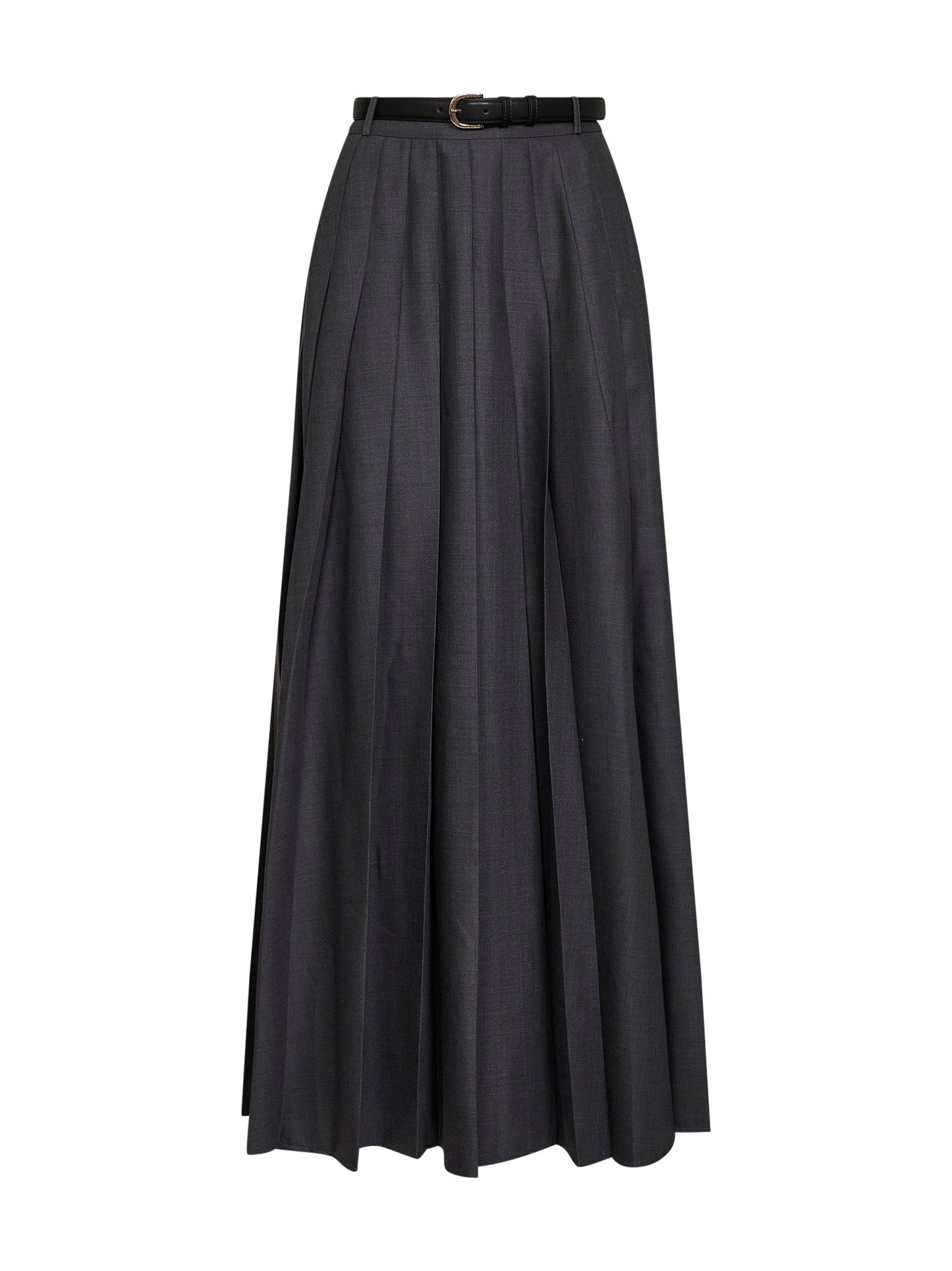 Self Portrait Women Grey Wool Blend Belted Pleated Maxi Skirt