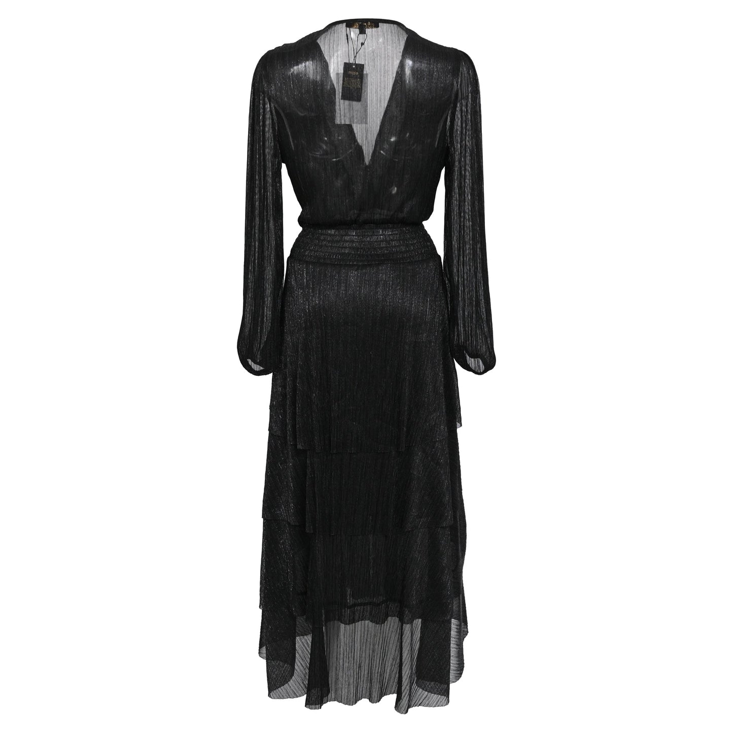 Maje Tiered Metallic Knitted Midi Dress in Black Polyester
