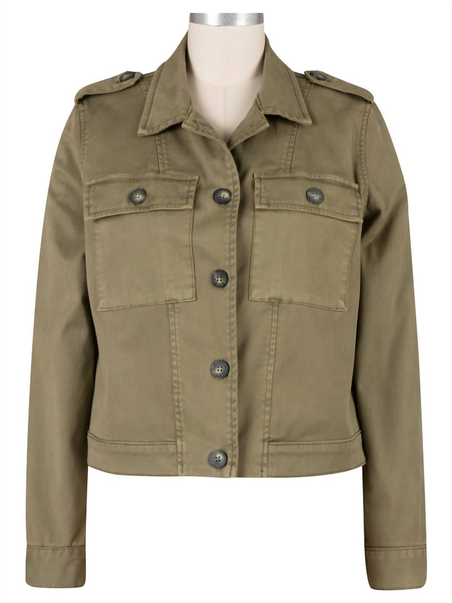 Rosalyn Twill Trucker Jacket With Flap Pockets In Olive