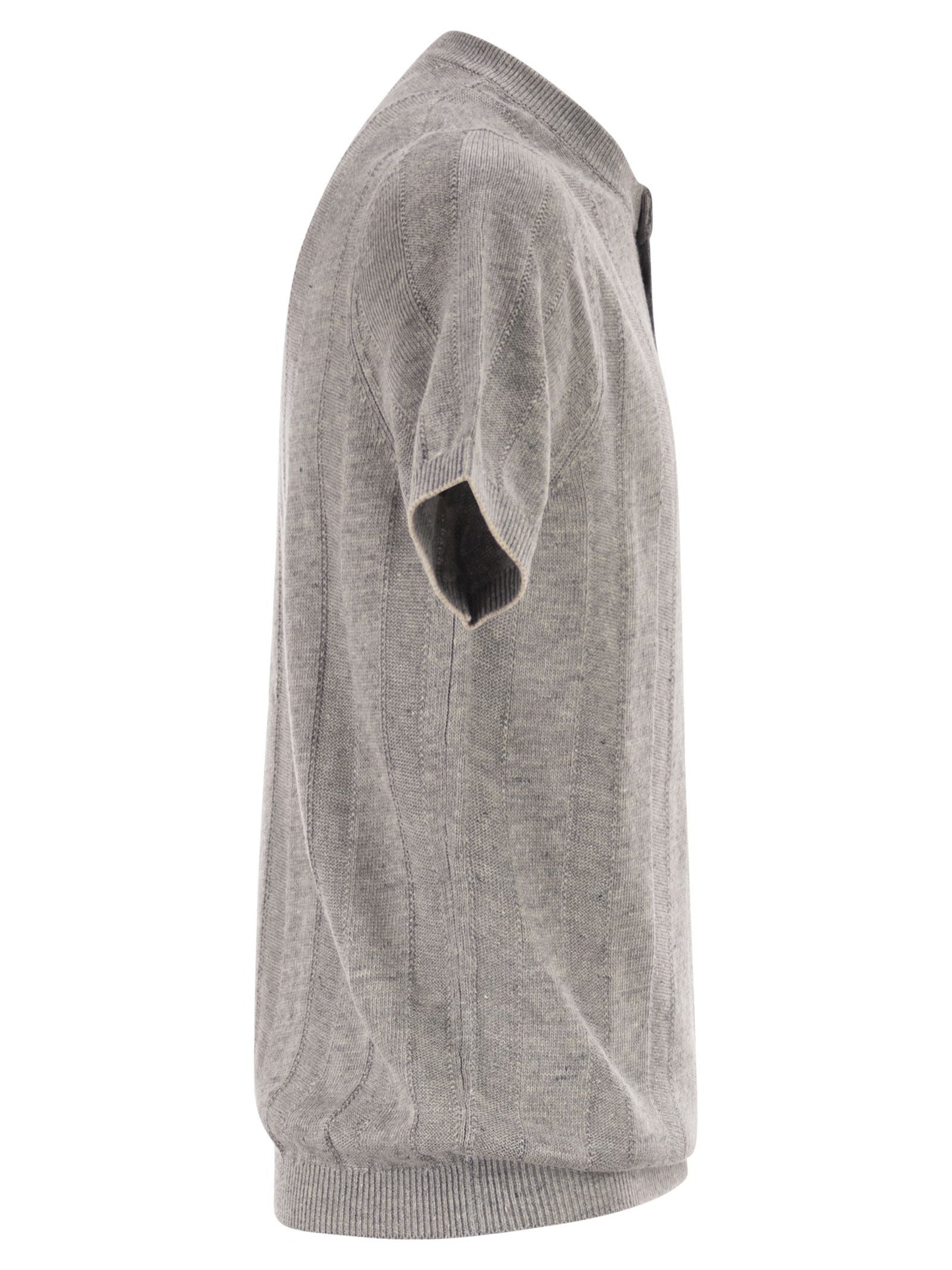 Brunello Cucinelli Men Seraphim Collar T-Shirt In Linen And Cotton Rib Knit