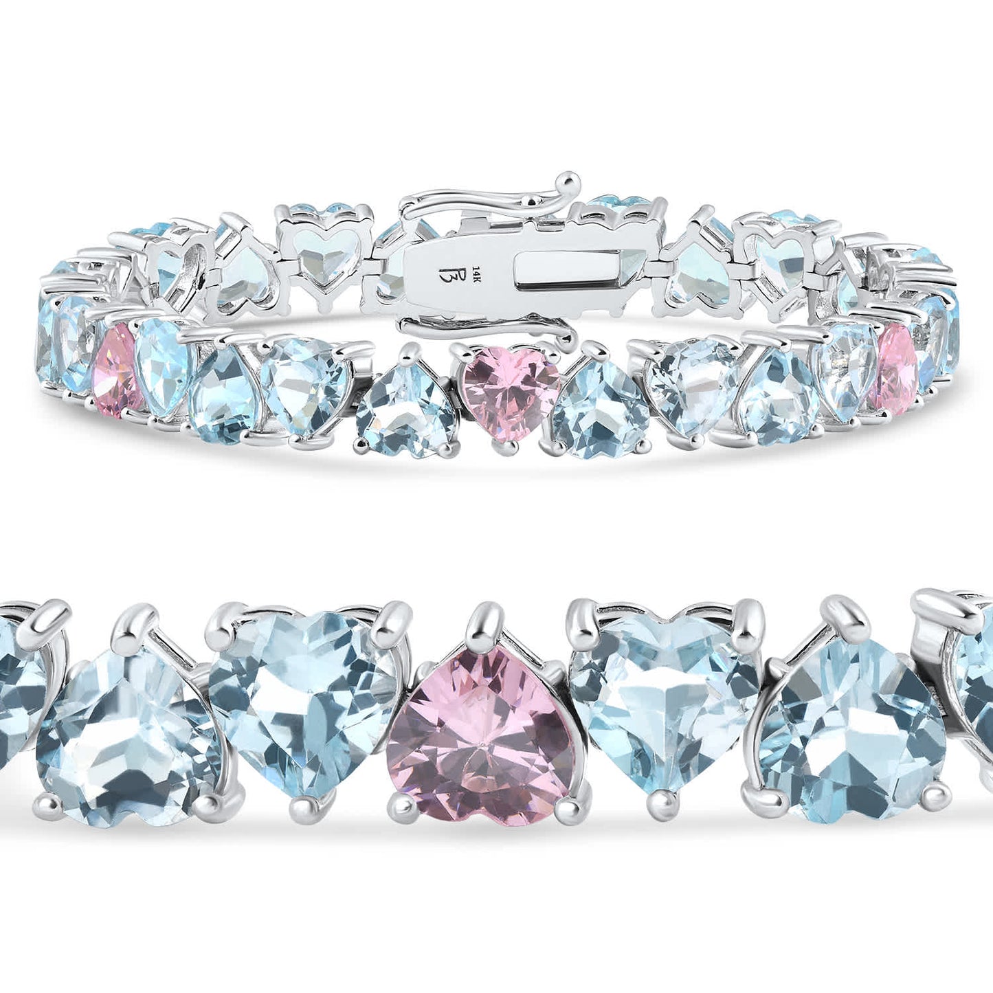 34.43Ct Heart Shape Pink & Blue Topaz Tennis Bracelet 14k White Gold 23.51grams