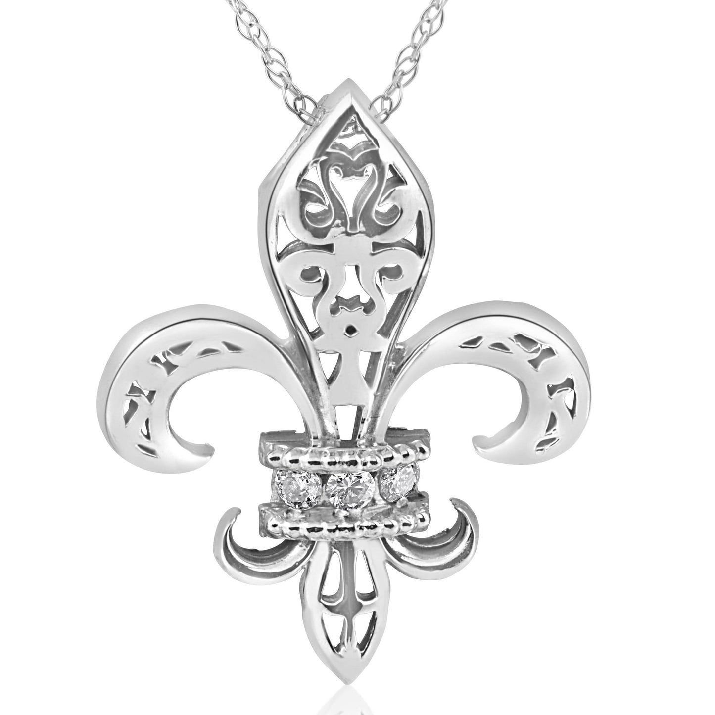 1/10ct Vintage Fleur De Lis Pendant 14K White Gold 1" Tall