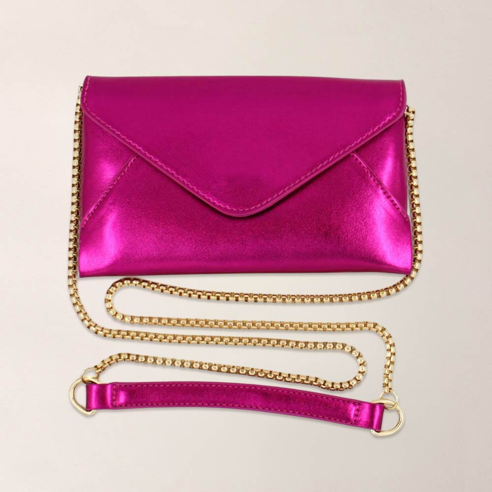 Faux Leather Metallic Envelope Clutch Crossbody Bag