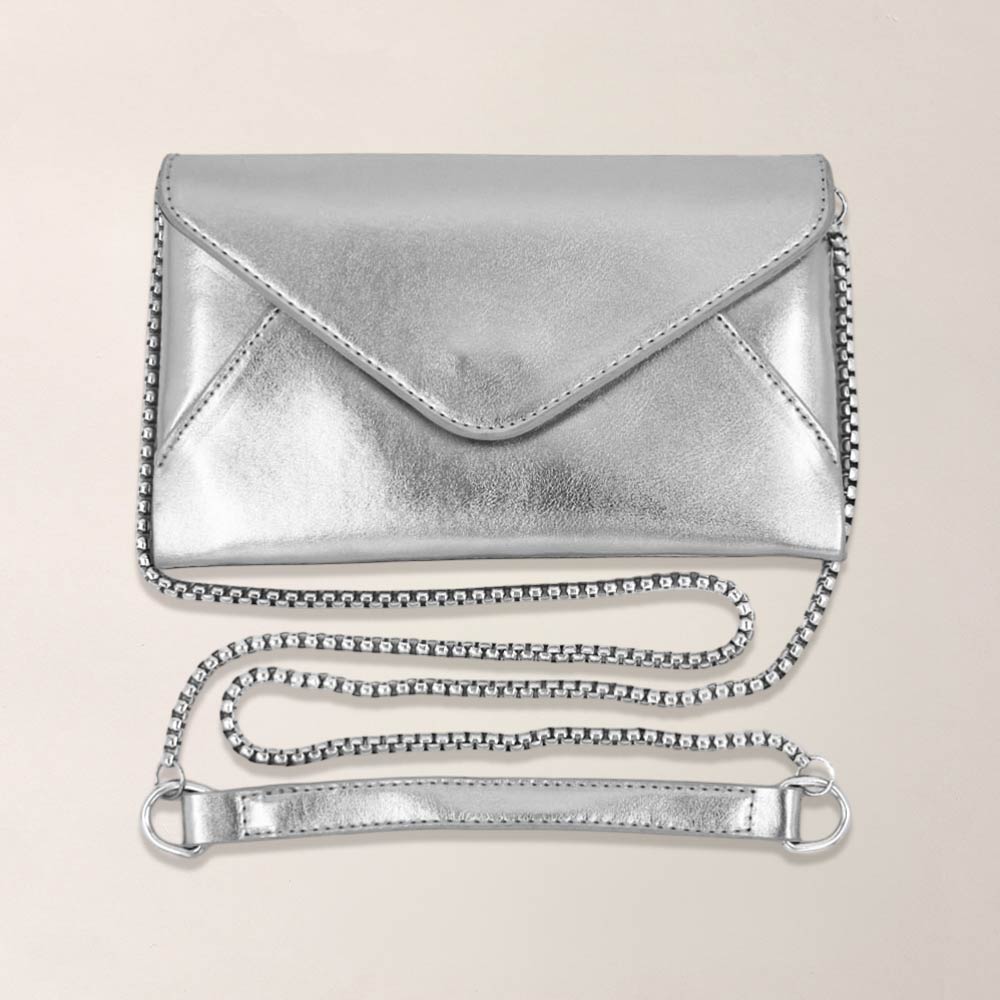 Faux Leather Metallic Envelope Clutch Crossbody Bag